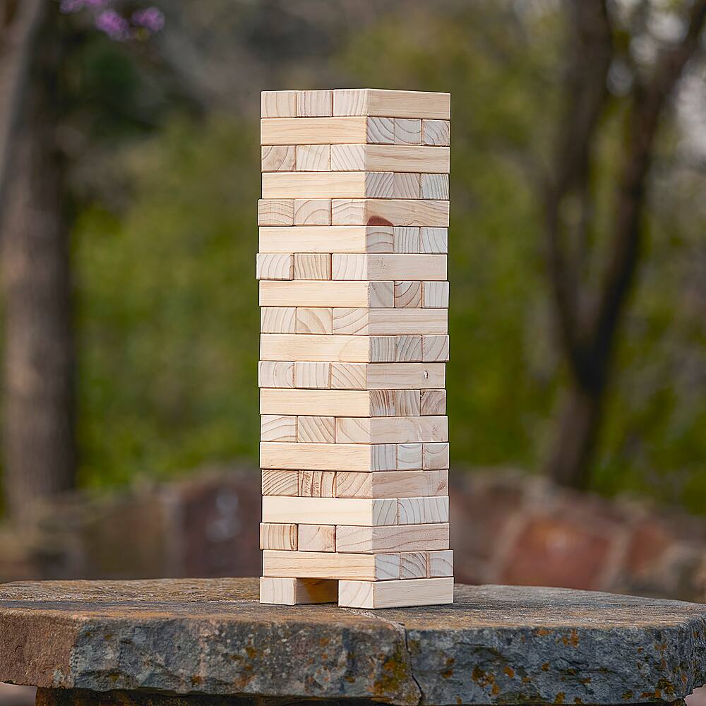 Left. YardGames - Giant Tumbling Timbers Wood Stacking Game with 56 Natural Pine Blocks - Brown.