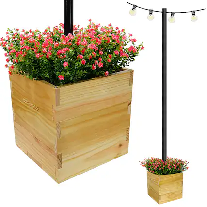 Front. Excello Global Products - 18"x18" Planter Box with Light Pole Holder - Brown.