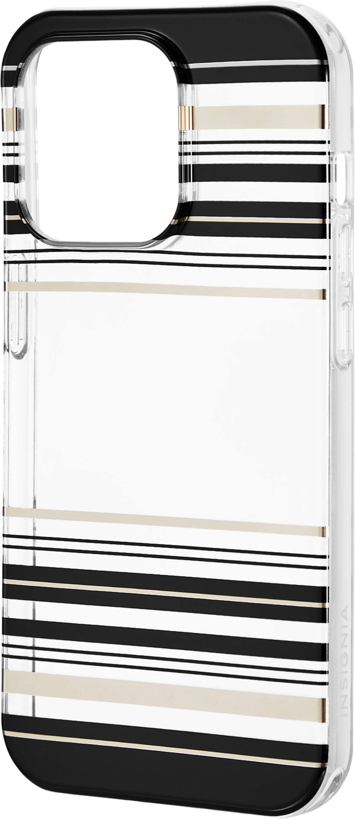 Left. Insignia™ - Hard-Shell Case for iPhone 14 Pro - Black and Gold Stripe.