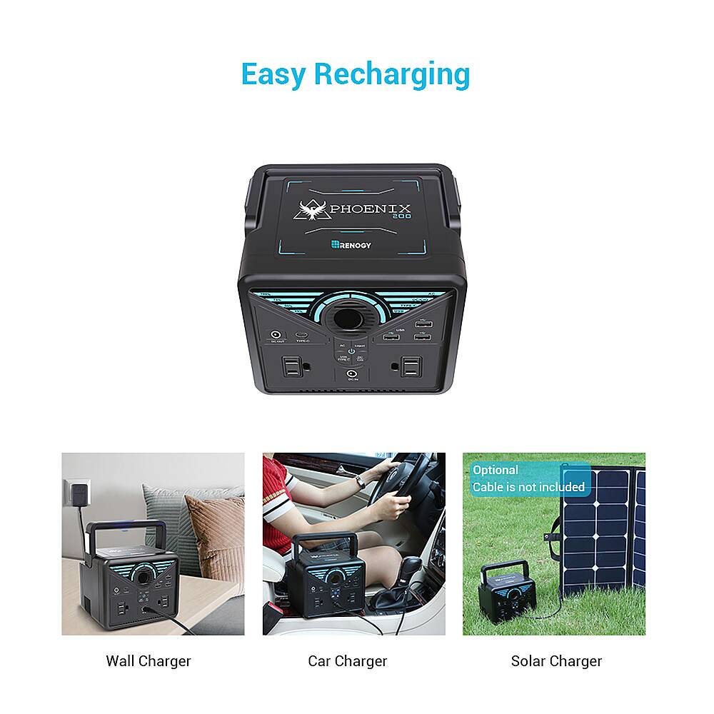The image showcases a variety of recharging options for the Phoenix 200 Renogy device. The options include a wall charger, car charger, and solar charger. The wall charger is the largest and most prominent, while the car charger is smaller and positioned below it. The solar charger is the smallest and located at the bottom right corner of the image. The image also features a person in the middle, possibly demonstrating the use of the device or its charging options.