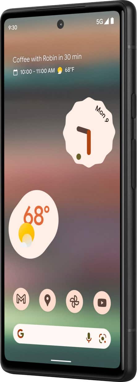 The text on the image reads: "9:30 5G Coffee with Robin in 30 min 10:00 : 11:00 AM 68F Mon 9 68 M G". The text has been grouped and corrected as follows:
"9:30 5G Coffee with Robin in 30 min 10:00 - 11:00 AM 68F Mon 9 68 M G"