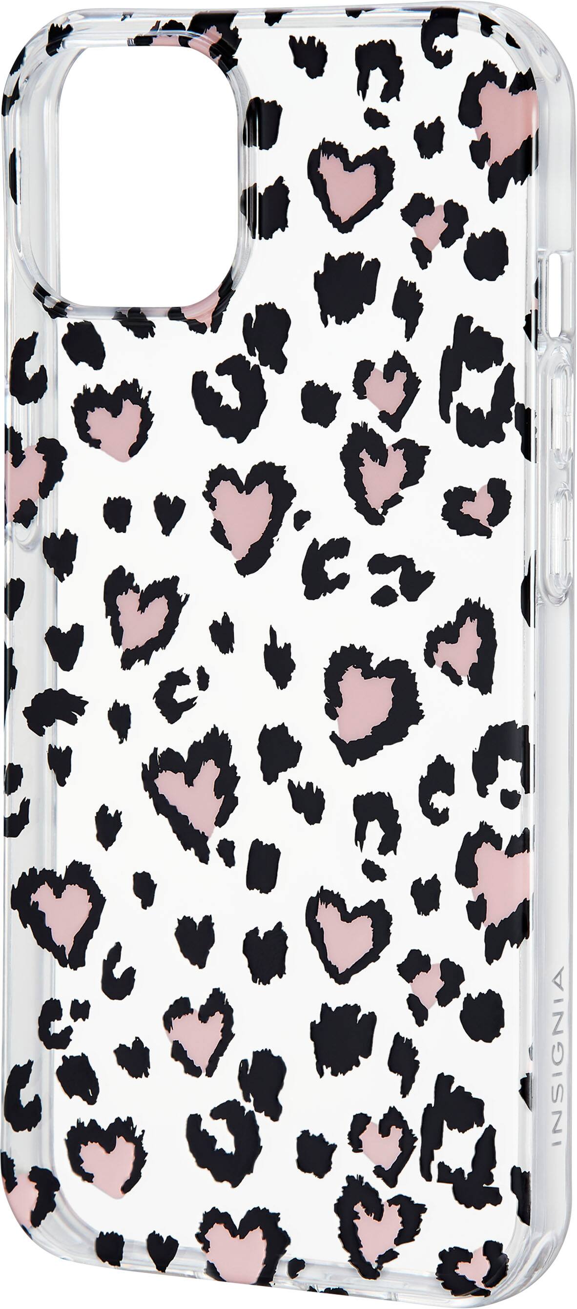 Left. Insignia™ - Hard-Shell Case for iPhone 14 and iPhone 13 - Leopard Hearts.