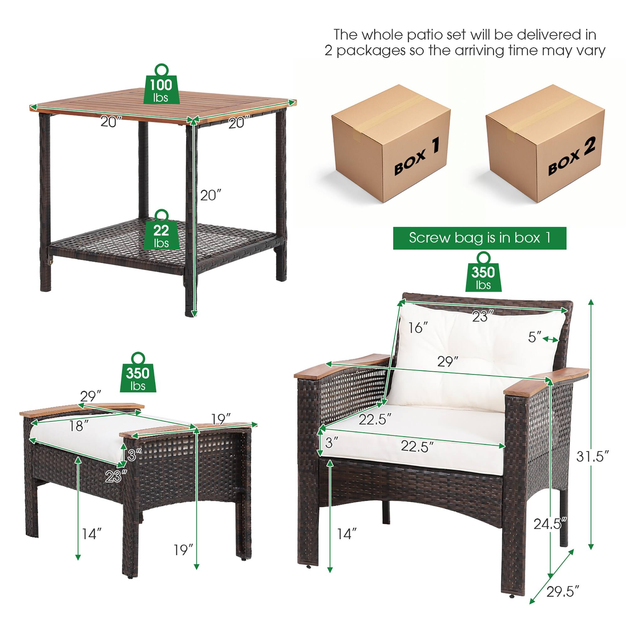 The whole patio set will be delivered in 2 packages so the arriving time may vary

20" 100 lbs
20"
22 lbs

BOX 1
BOX 2
Screw bag is in box 1
350 lbs

29" 18"
23"
19"
3"
16"
29"
22.5"
22.5"
23"
5"
31.5"
14"
19"
14"
24.5"
29.5"
