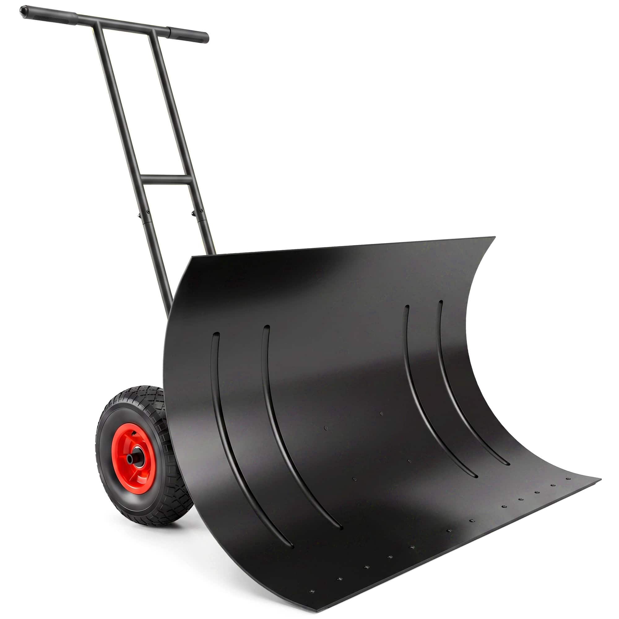 Outsunny - Shovel with Wheels, 29" Metal Snow Pusher with Adjustable Handle, 7-Angle Blade - Black