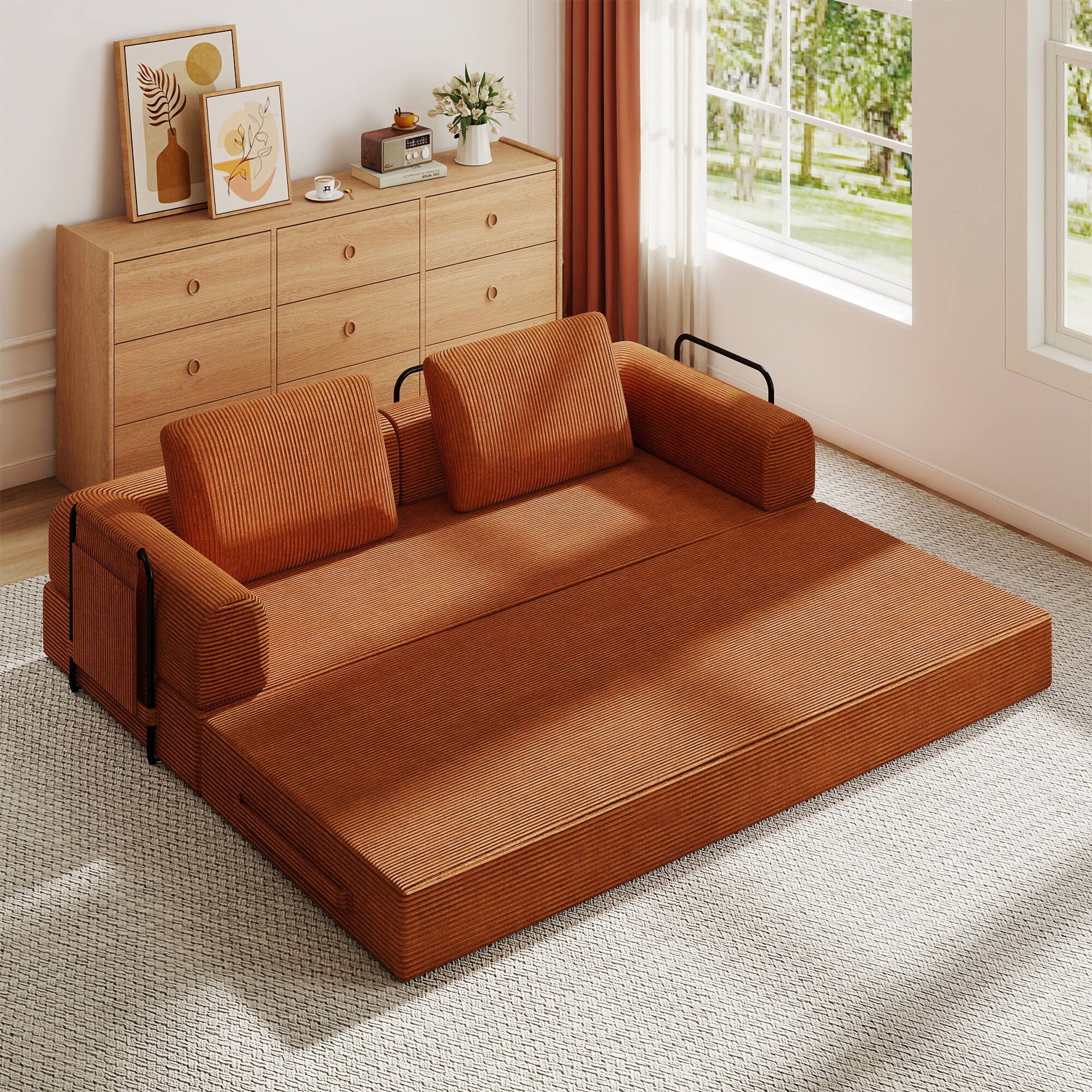 Angle. TinyHomie - Convertible Sleeper Sofa Bed with Cylindrical Pillow - Corduroy Folding Mattress Couch with Fixed-Shape Frame - Orange.