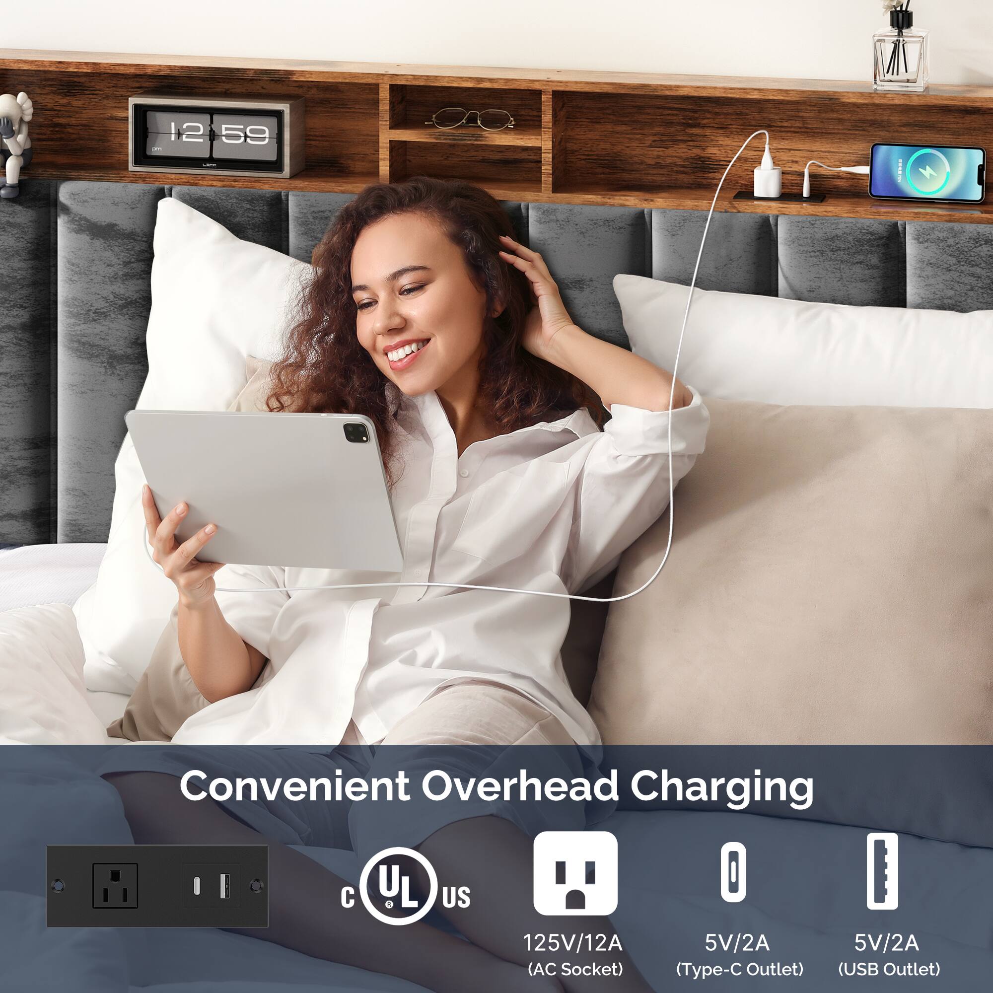 12:59

Convenient Overhead Charging

125V/12A
5V/2A (AC Socket)
5V/2A (Type-C Outlet)
5V/2A (USB Outlet)