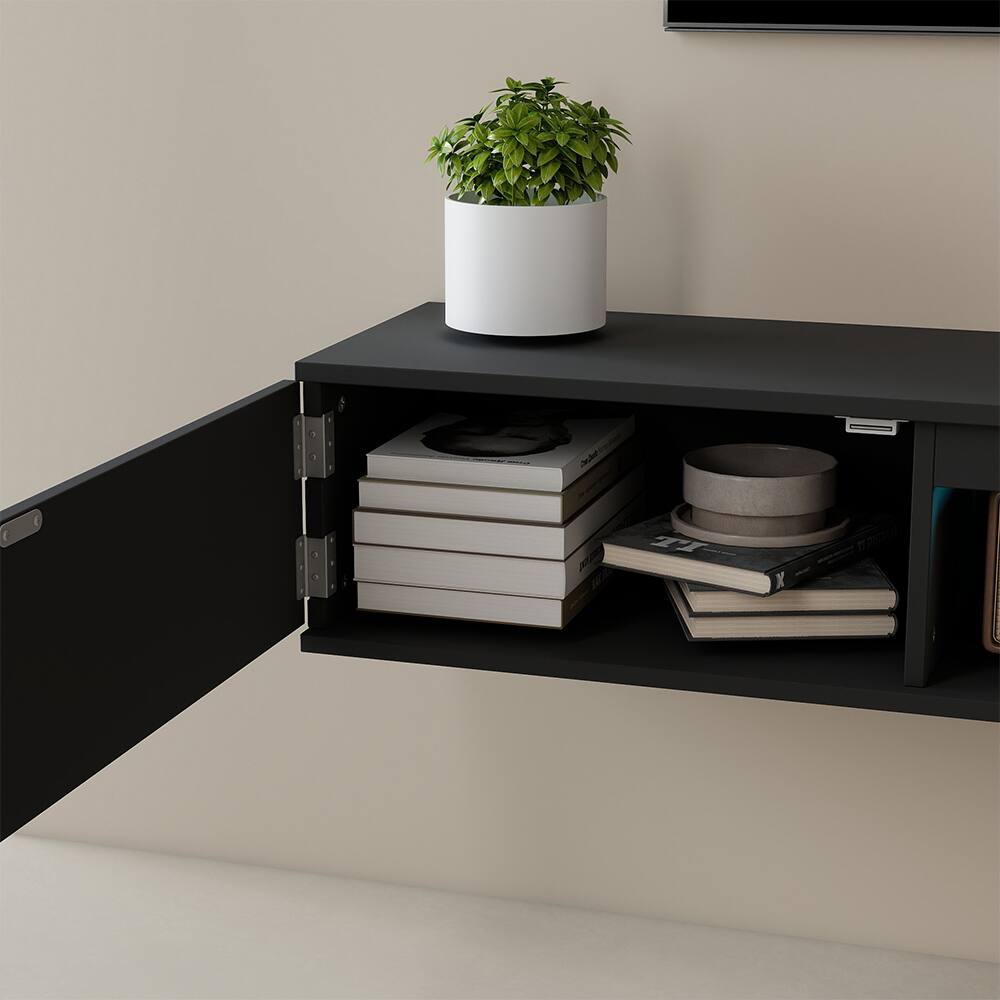 Alt View 4. Spaco - 63" Floating TV Stand Wall Mounted with LED Lights, Cable Organizer,Entertainment Center Media Console for 55 60 65" TVs - Black.