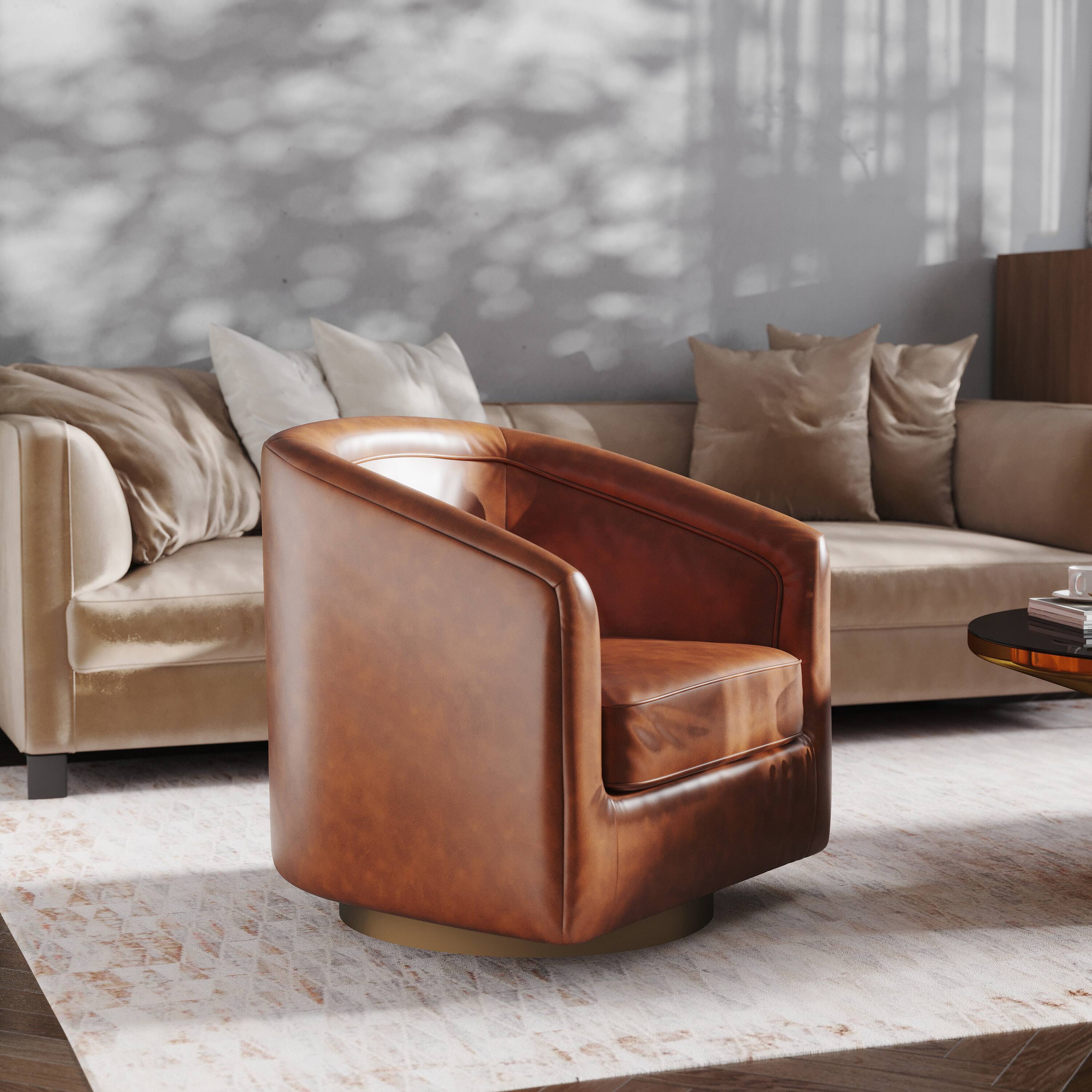 Alt View 1. Emma + Oliver - Della Club Style Barrel Accent Chair with 360 Degree Swivel Brushed Gold Vinyl Wrapped Base and Sloped Armrests - Brown Faux Leather.