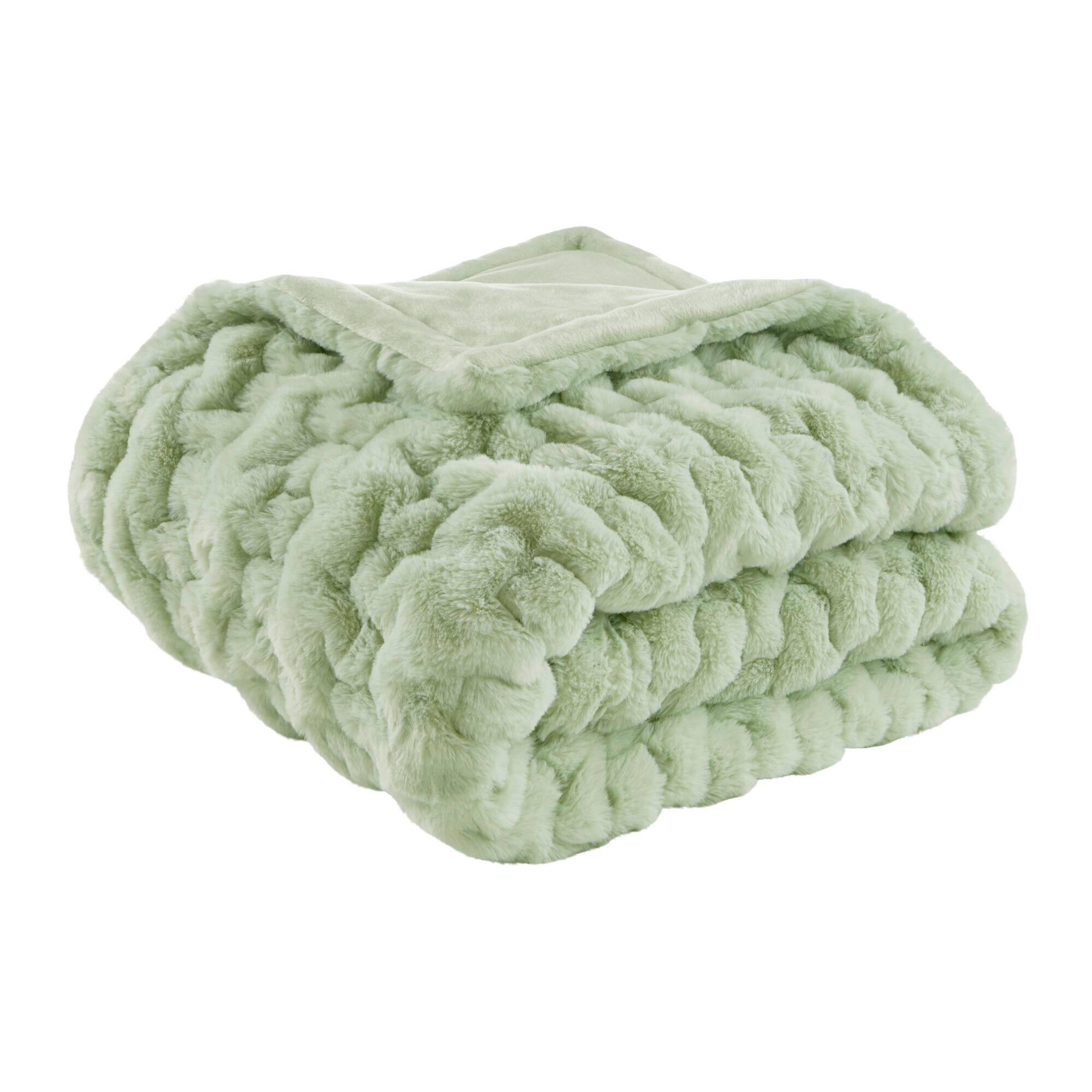Front. Glintex - 1 PC 50x60" Ruched Fur Throw Sage Green - Green.