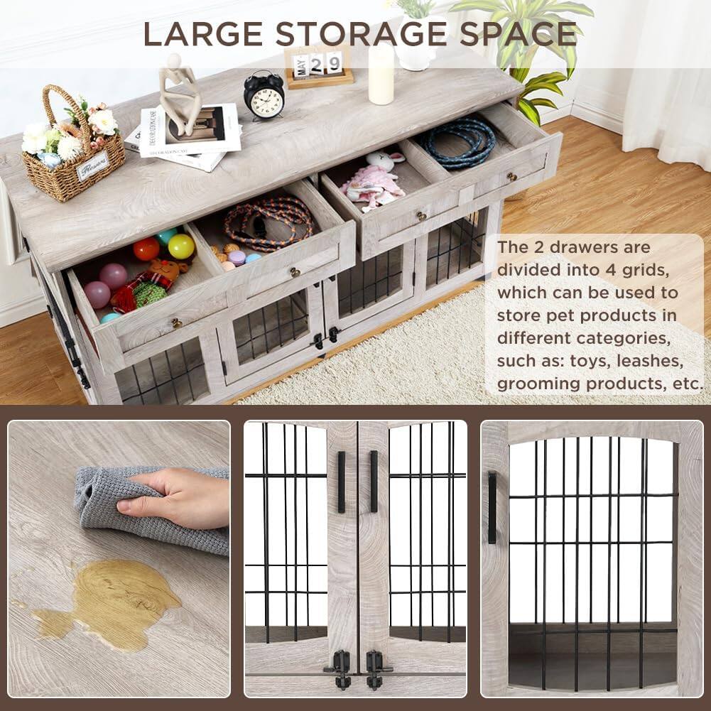 LARGE STORAGE SPACE

The 2 drawers are divided into 4 grids, which can be used to store pet products in different categories, such as: toys, leashes, grooming products, etc.