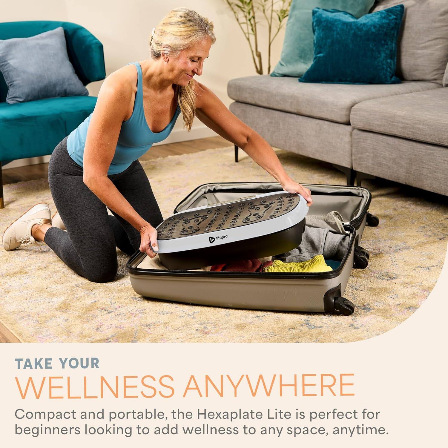 TAKE YOUR WELLNESS ANYWHERE

Compact and portable, the Hexaplate Lite is perfect for beginners looking to add wellness to any space, anytime.
