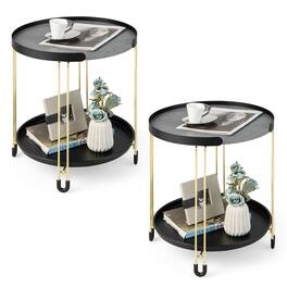 Gymax - 2PCS 2-Tier Side End Table Round Nightstand Gold Frame for Living Room Bedroom - Black & Gold & Grey