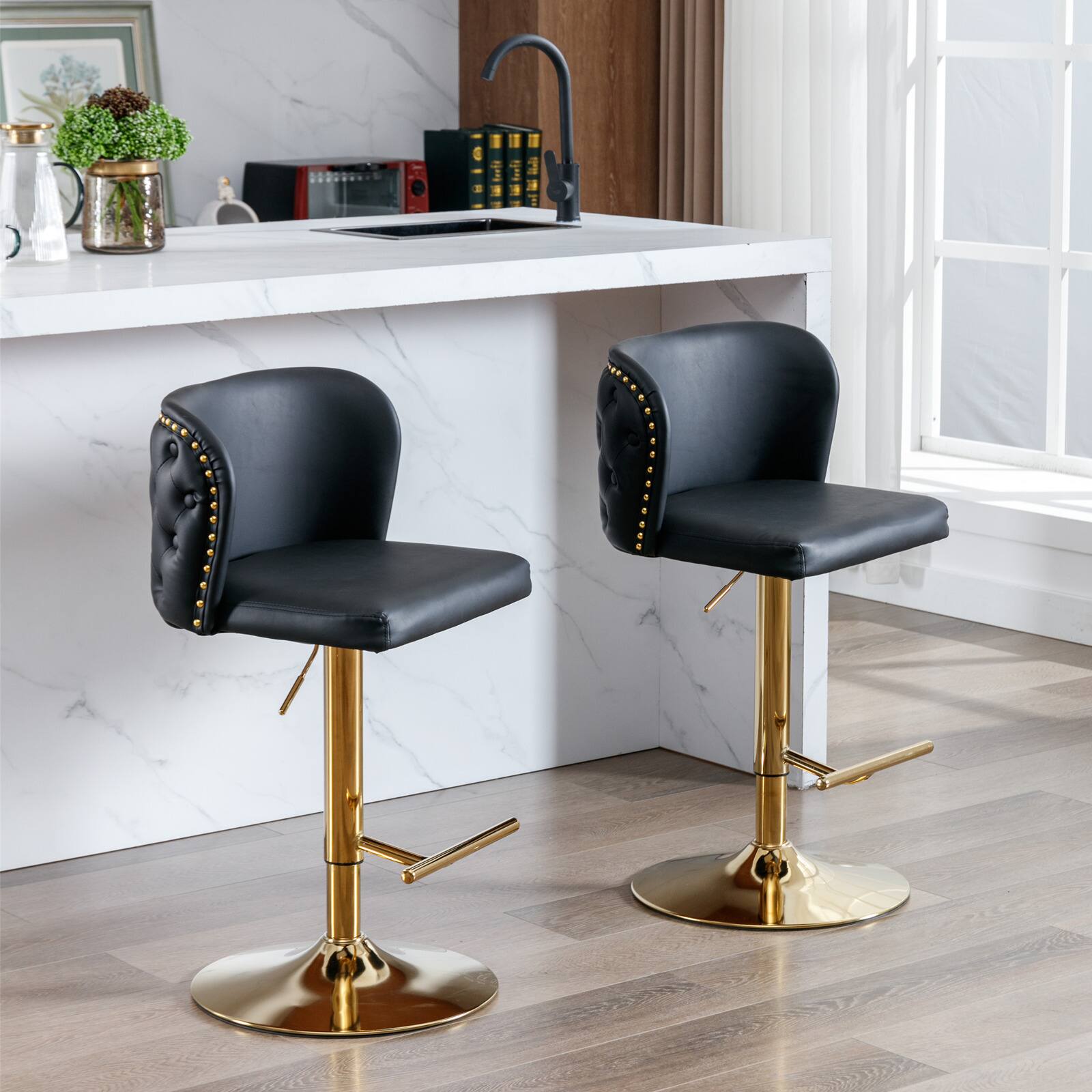 Left. Trinkets Crazed - Swivel Barstools Set of 2, Adjusatble Seat Height with Gold-Plating Base, Classic PU Upholstered Bar Stools - Black.