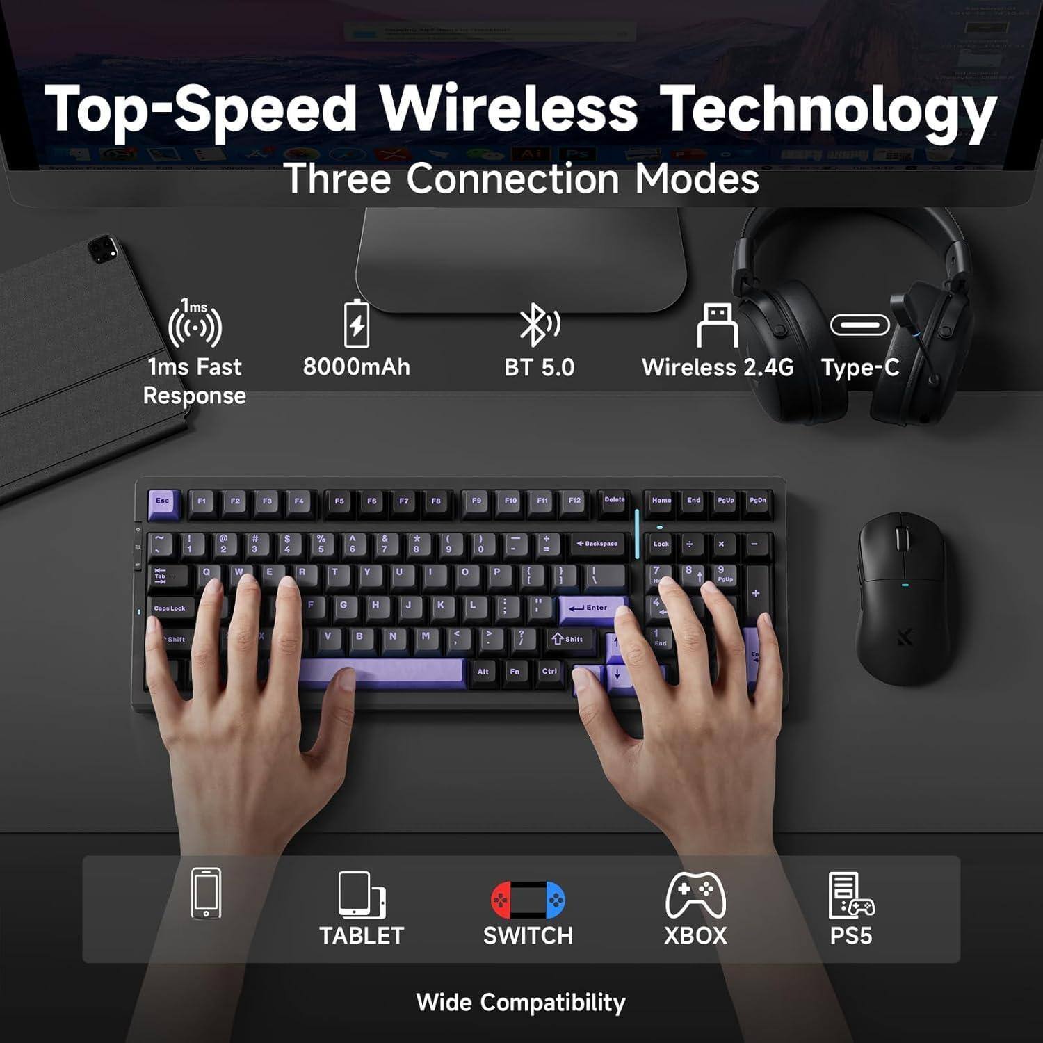 Top-Speed Wireless Technology  
Three Connection Modes  

1ms Fast Response  
8000mAh  
BT 5.0  
Wireless 2.4G  
Type-C  

Wide Compatibility  
TABLET  
SWITCH  
XBOX  
PS5