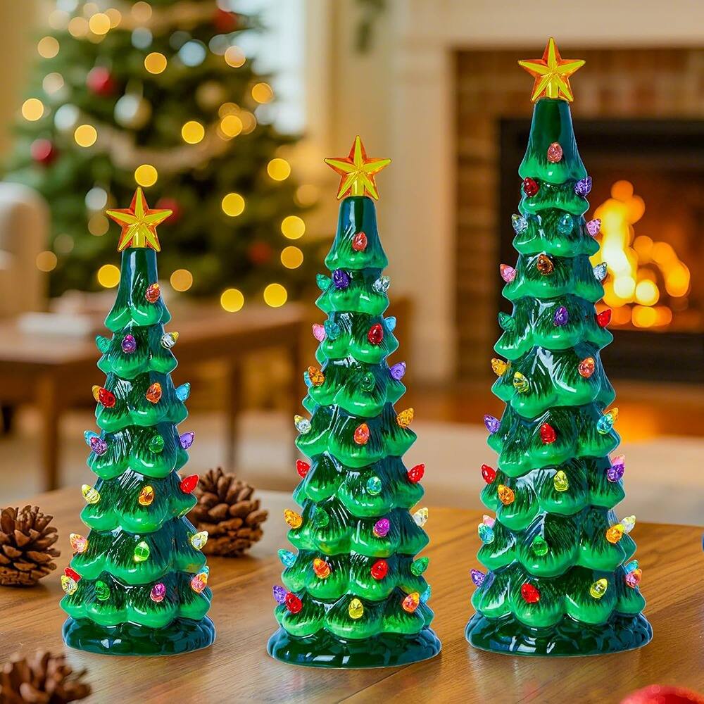 RTMB - Set of 3 Lighted Ceramic Christmas Trees, Pre-Lit Hand-Painted Tabletop Holiday Decor with Multi-Color LED Lights - Green