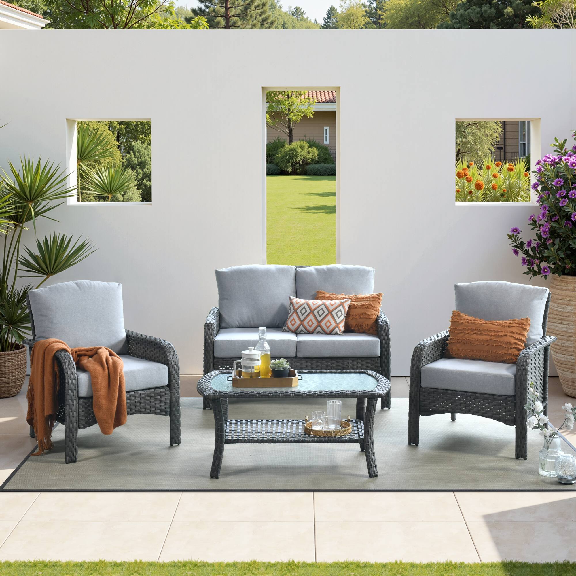 Ovios - 4 PCS Patio Fruniture Set, Outdoor Wicker Sofa with Chairs, High Back Loveseat with Cushion - Gray price history on PriceWatchPro