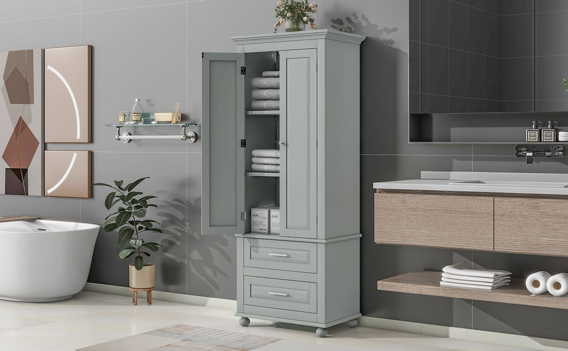 Alt View 1. Mirfee - Tall Storage Cabinet with 2 Drawers for Bathroom or Office - Grey.