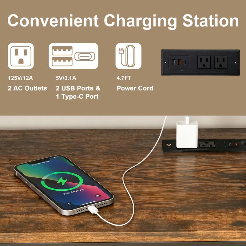 Convenient Charging Station

125V/12A  
5V/3.1A  
4.7FT  
2 AC Outlets  
2 USB Ports & 1 Type-C Port  
Power Cord
