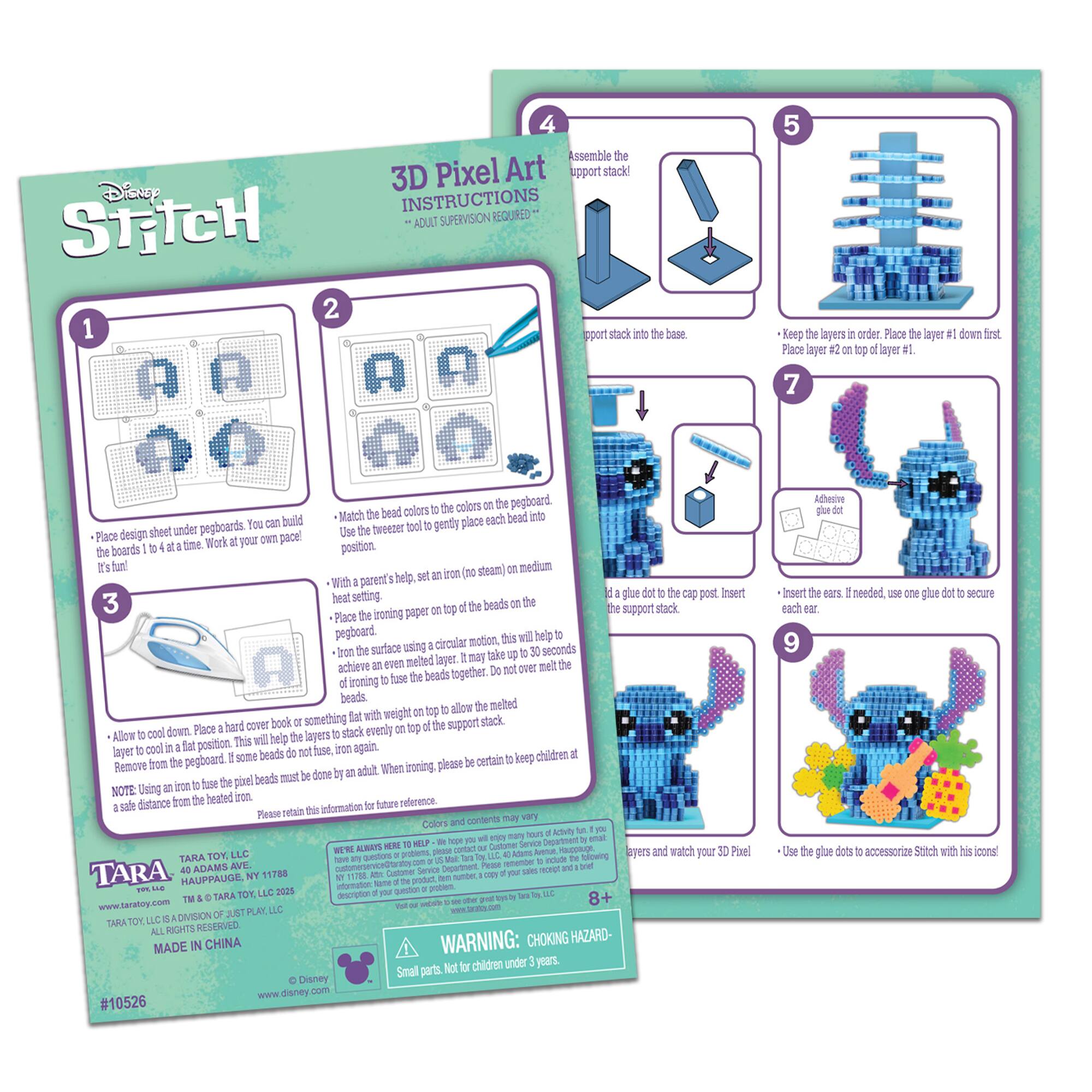 Disney STITCH 3D Pixel Art Instructions:

1. Assemble the base using the stack.
2. Use the beep beads to create the design on the pegboard.
3. Place each sheet under the pegboard to create the layers.
4. Follow the instructions to melt the beads together.
5. Allow the beads to cool down.
6. Place the hard cover book under the layers to support the stack.
7. Remove the beads from the iron when they are done.
8. Use the pixi to create the final design.

Note: Please be cautious while ironing and keep a safe distance from the heated beads for future reference.