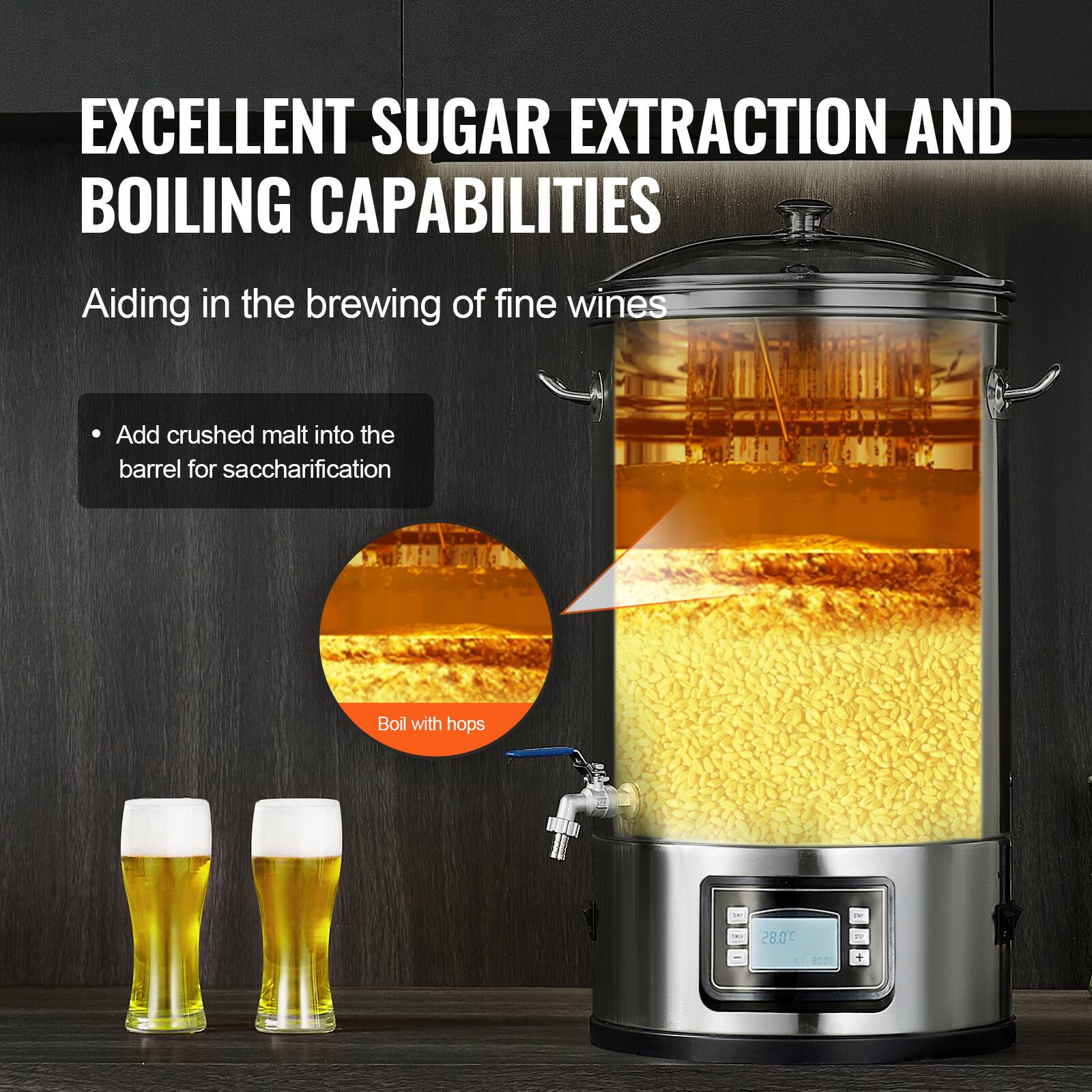 EXCELLENT SUGAR EXTRACTION AND BOILING CAPABILITIES  
Aiding in the brewing of fine wines  

- Add crushed malt into the barrel for saccharification  
- Boil with hops  

28.0°C