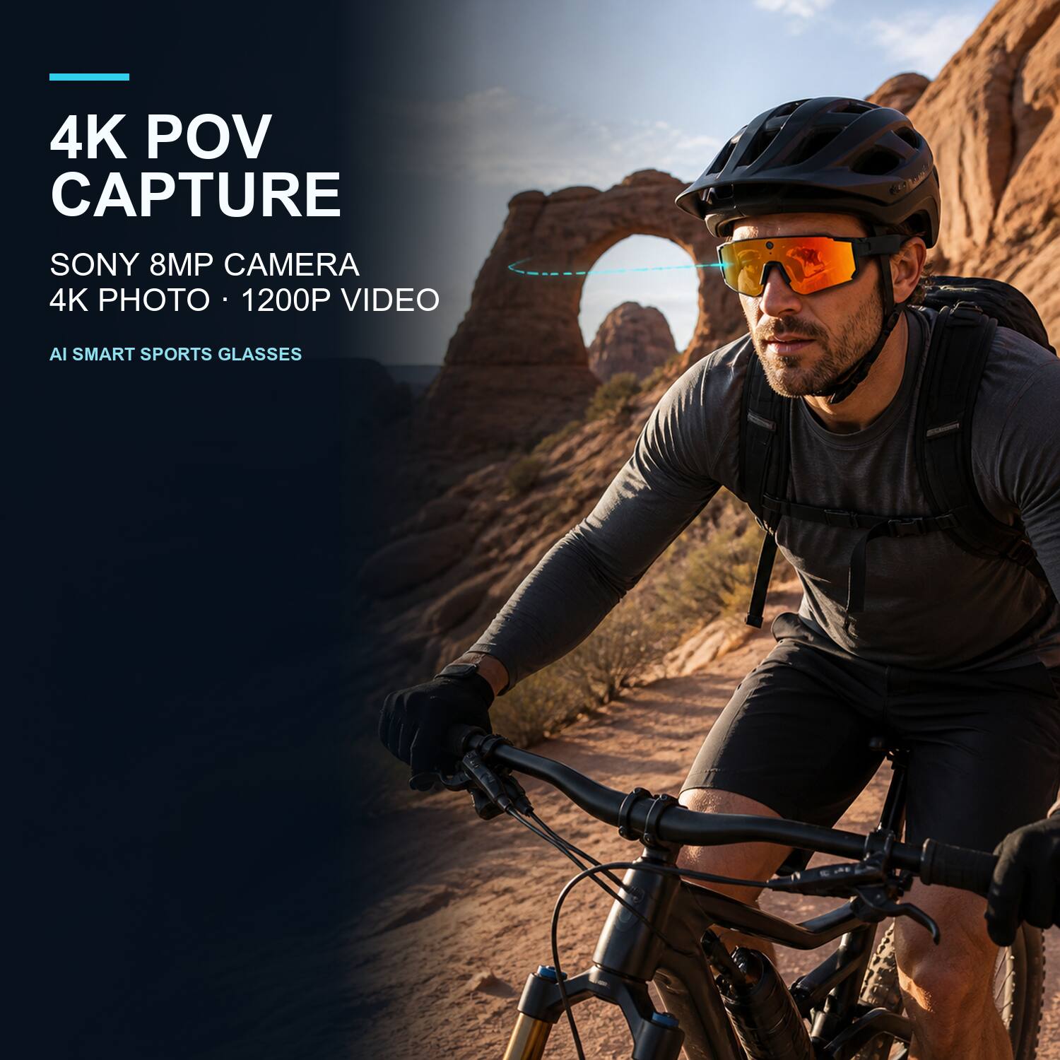 4K POV CAPTURE  
SONY 8MP CAMERA  
4K PHOTO • 1200P VIDEO  
AI SMART SPORTS GLASSES