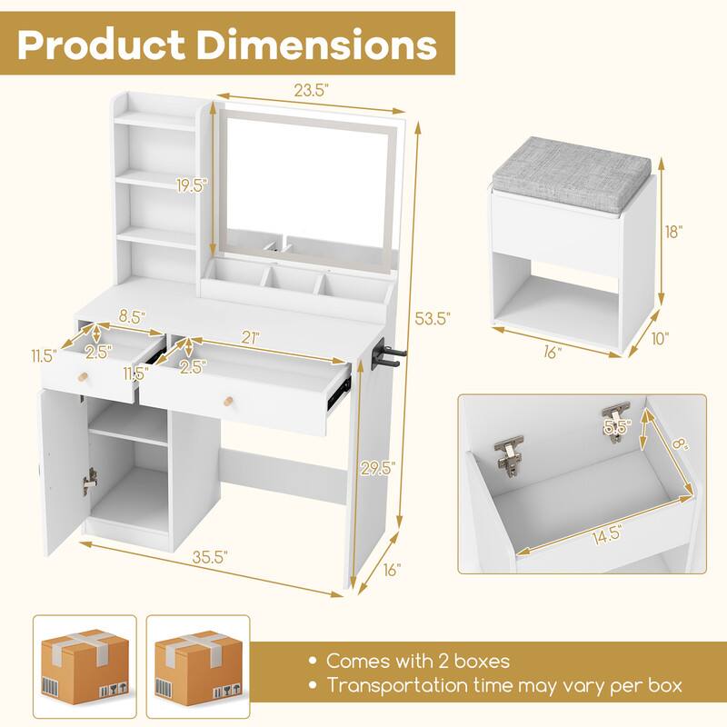 Product Dimensions  
23.5"  
19.5"  
18"  
11.5"  
8.5"  
2.5"  
11.5"  
21"  
2.5"  
35.5"  
53.5"  
29.5"  
16"  
16" H  
5.5"  
14.5"  
10"  
8"  

Comes with 2 boxes  
Transportation time may vary per box