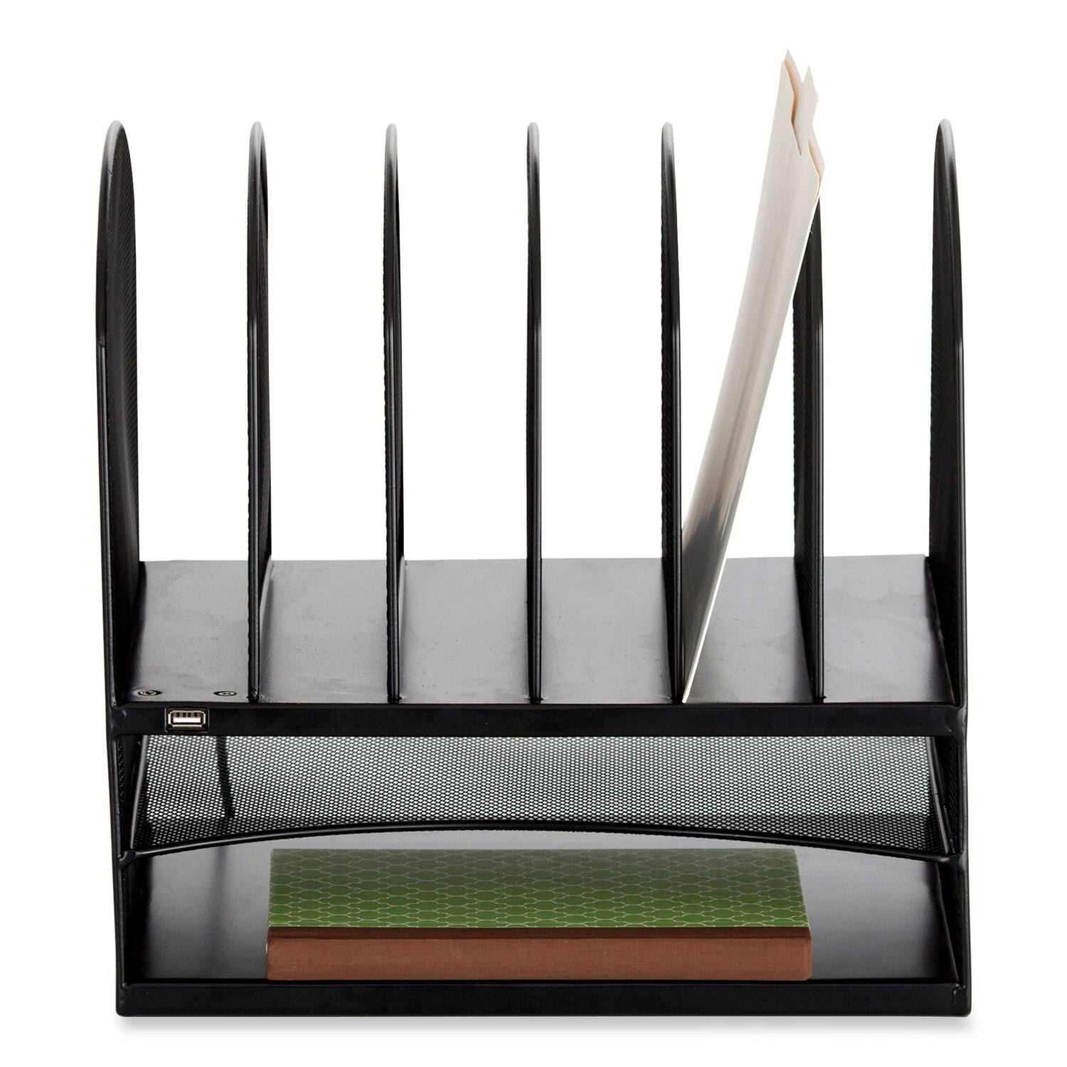 Left. Safco - Safco Powered Onyx Desk Organizer with 2 Horizontal and 6 Upright Sections, Letter Size Files, 13.5 x 11.5 x 13, Black.