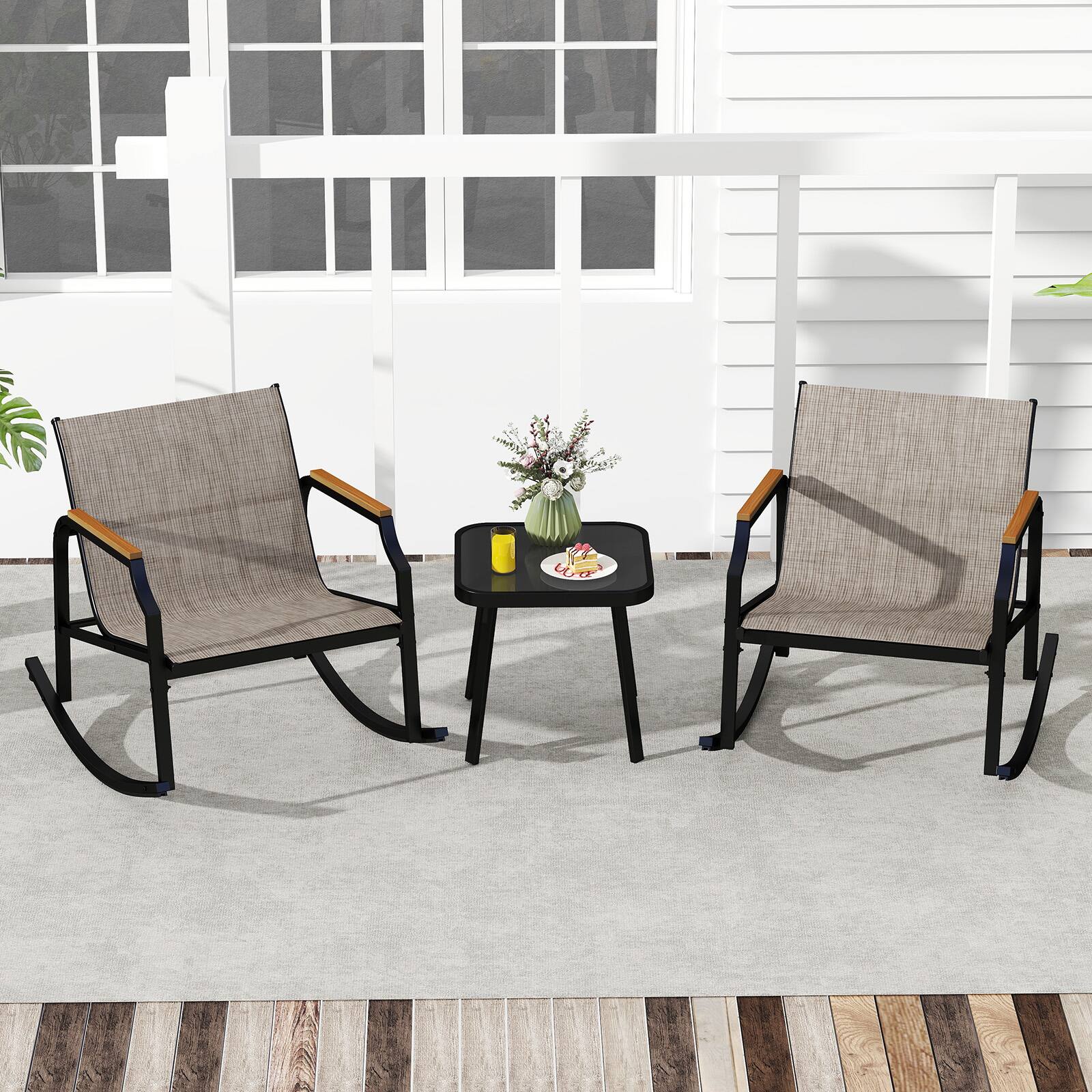 Alt View 4. Costway - Costway 3 PCS Rocking Bistro Set Outdoor Conversation Set with Porch Rocking Chairs - Black + Brown.