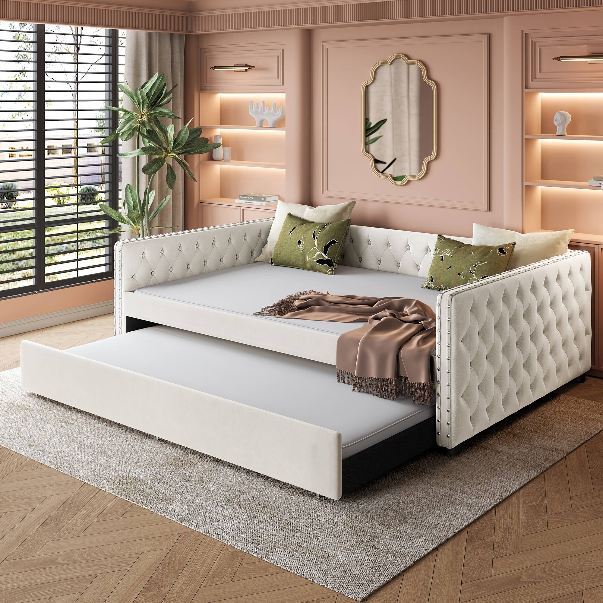 Tiramisubest - Full Size Daybed, Upholstered Tufted Sofa Bed with Trundle, Full Daybed with Twin Trundle - Ivory