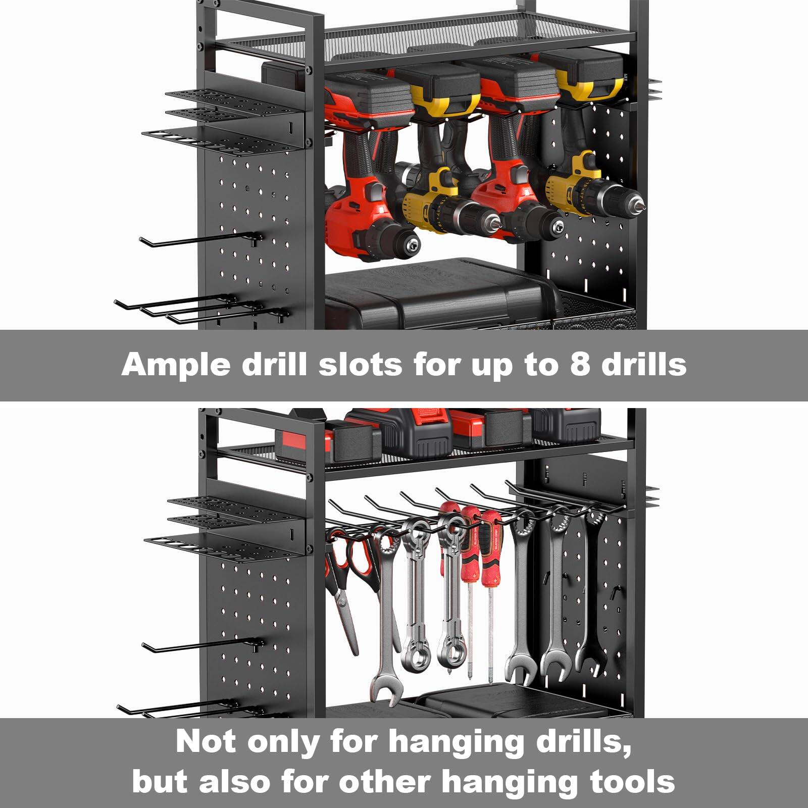Ample drill slots for up to 8 drills

Not only for hanging drills, but also for other hanging tools