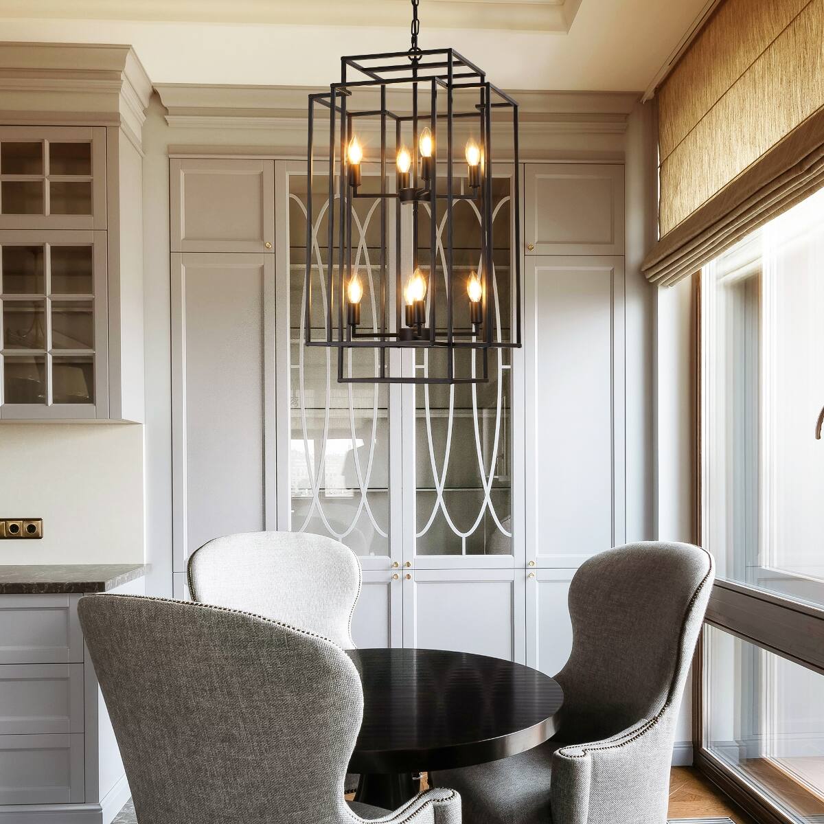 Angle. Loheer - Loheer 8-Light Pendant Chandelier, Black Geometric Iron Frame, Adjustable Hanging Light for Living Room or Dining Room.