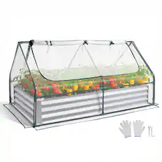 Front. VEVOR - Raised Garden Bed with Cover, 6 x 3 x 1 ft, Rectangular Galvanized Metal Planter Box Kit Outdoor, with PE Greenhouse - Glossy Silver.