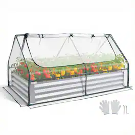 VEVOR - Raised Garden Bed with Cover, 6 x 3 x 1 ft, Rectangular Galvanized Metal Planter Box Kit Outdoor, with PE Greenhouse - Glossy Silver
