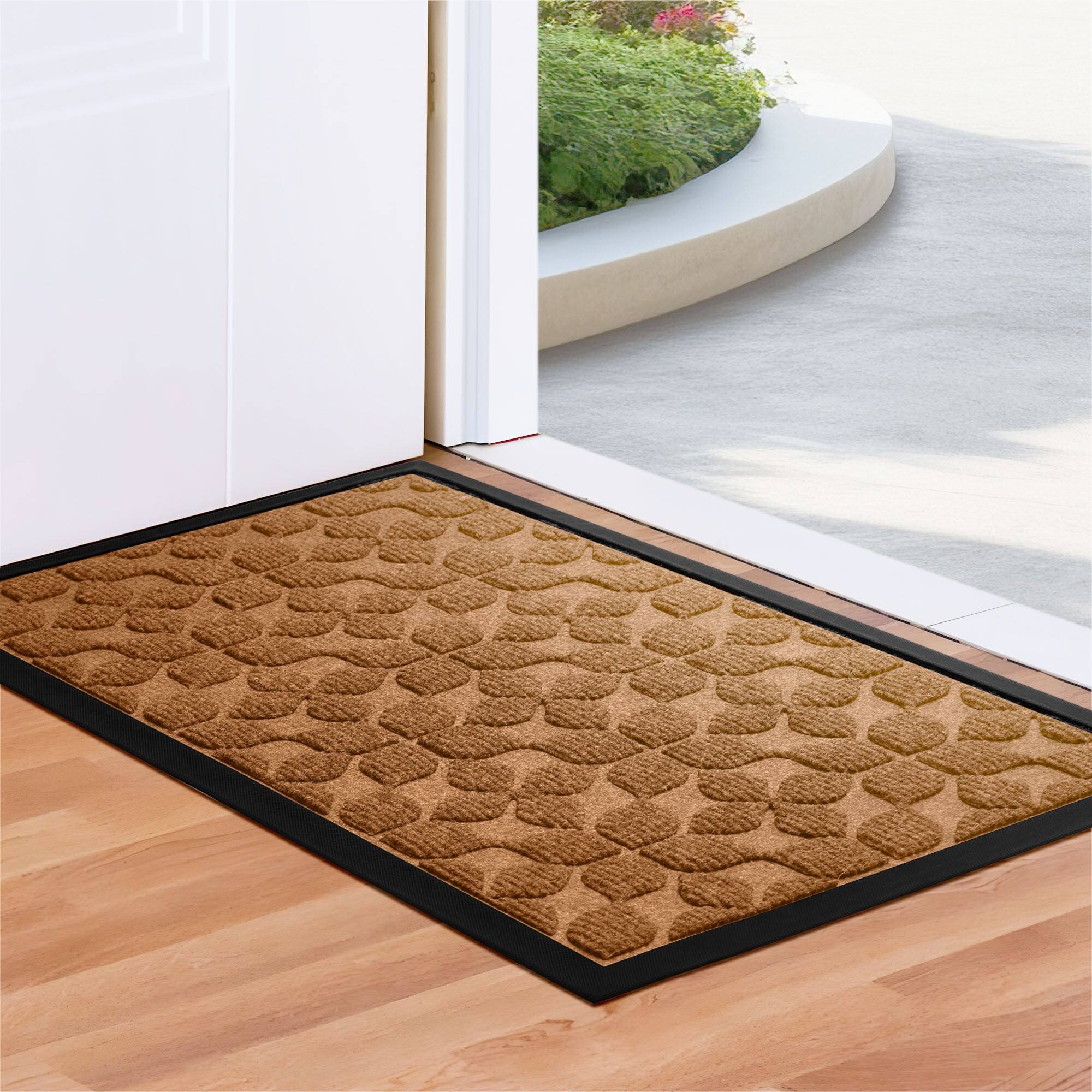 Front. G128 - Geometric Floral Door Mat, 17 x 29.5 in — Non-slip rubber backed. - Brown.