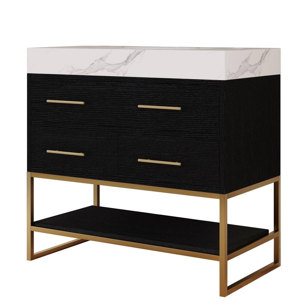 Alt View 4. Loheer - Loheer 36 inch bathroom vanity with Sintered Stone Top, Freestanding Sink Cabinet, Black/White - Black, White.