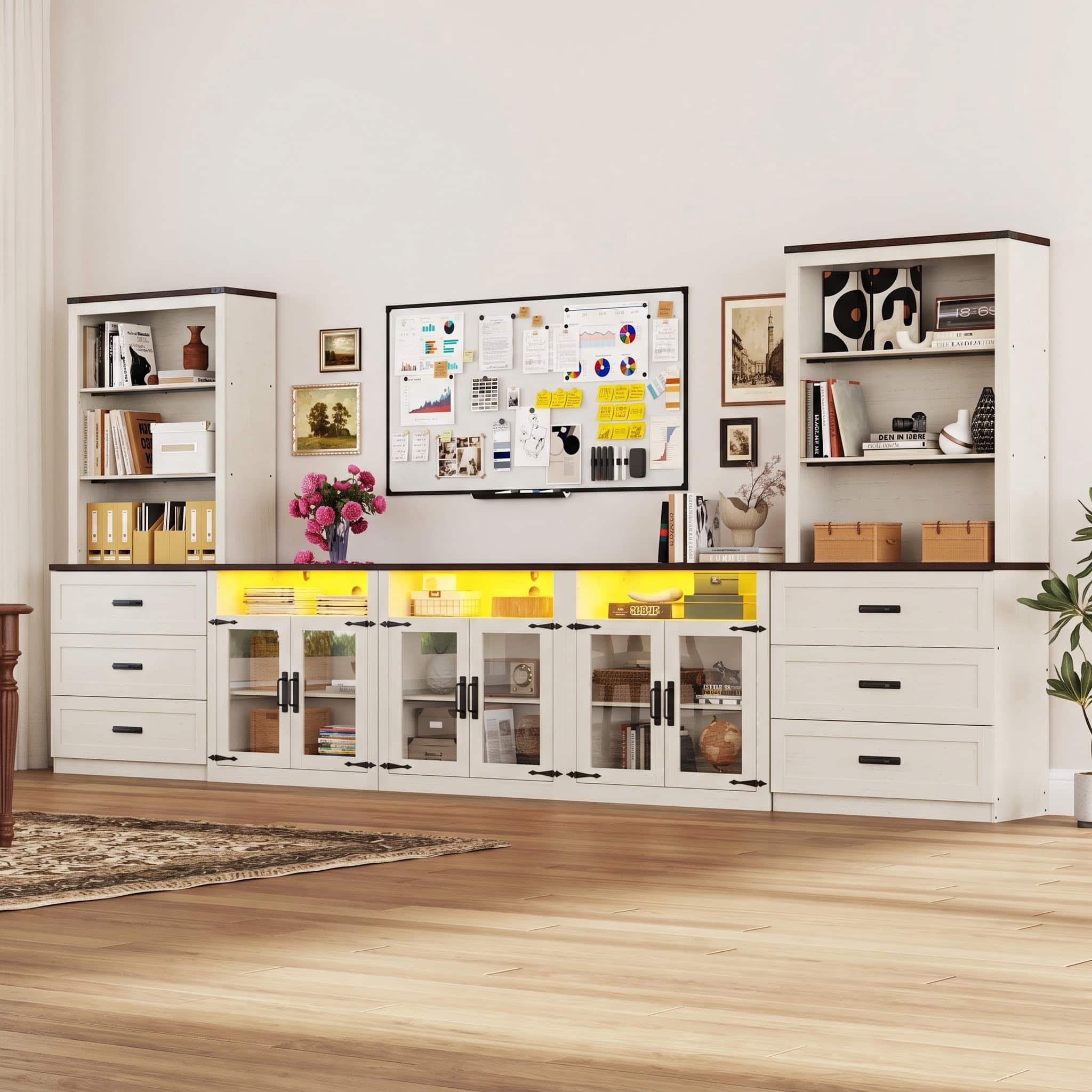 Espafurni - 157" 4-Piece Entertainment Center for TVs up to 100", TV Stand with Bookshelves, Doors & Drawer(3-Box Set) - White