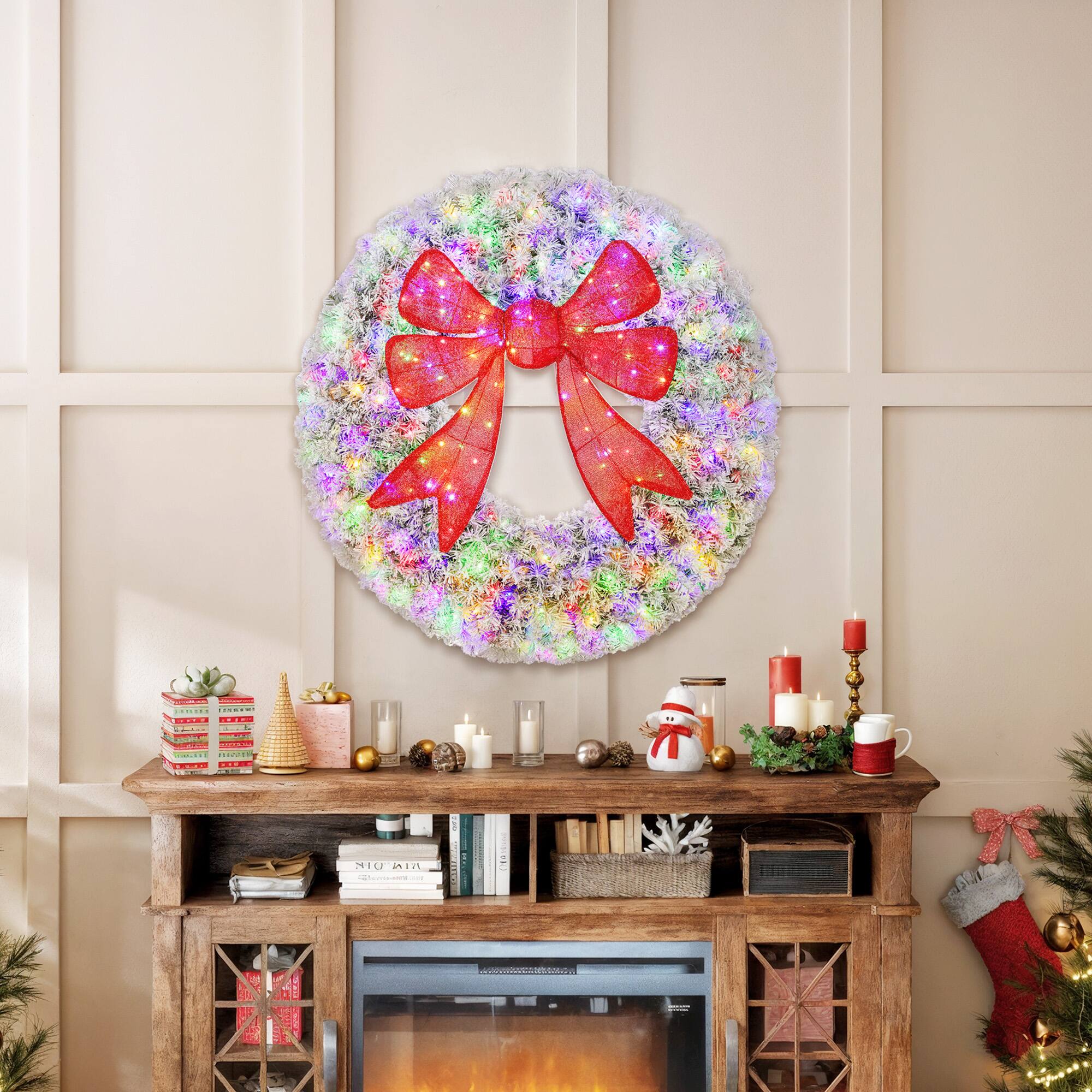 Alt View 1. Homcom - 36in Flocked Pre-Lit Xmas Wreath, 3D Red Bow, 11 Modes, Remote, 140 LEDs, 300 Tips, Indoor Outdoor - Green.
