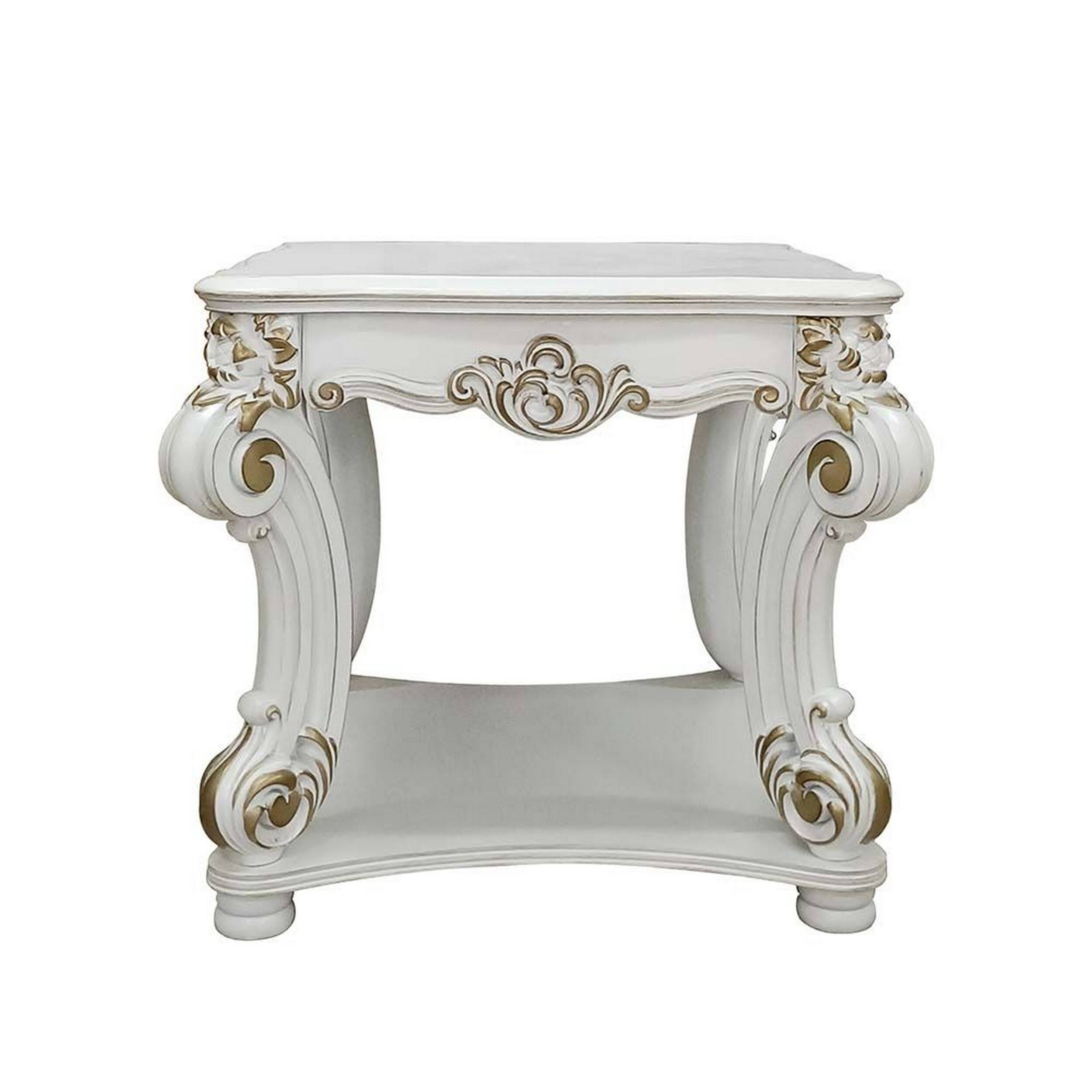 Alt View 2. Manhattan Lane - Jess 31 Inch Side End Table, Classic Scrolled Legs - White, Gold.
