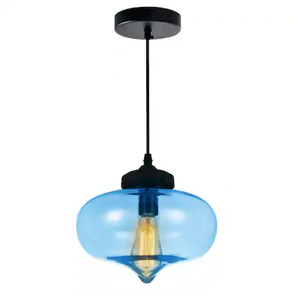Front. CWI Lighting - Glass 1 Light Down Mini Pendant With Blue Finish - Black.