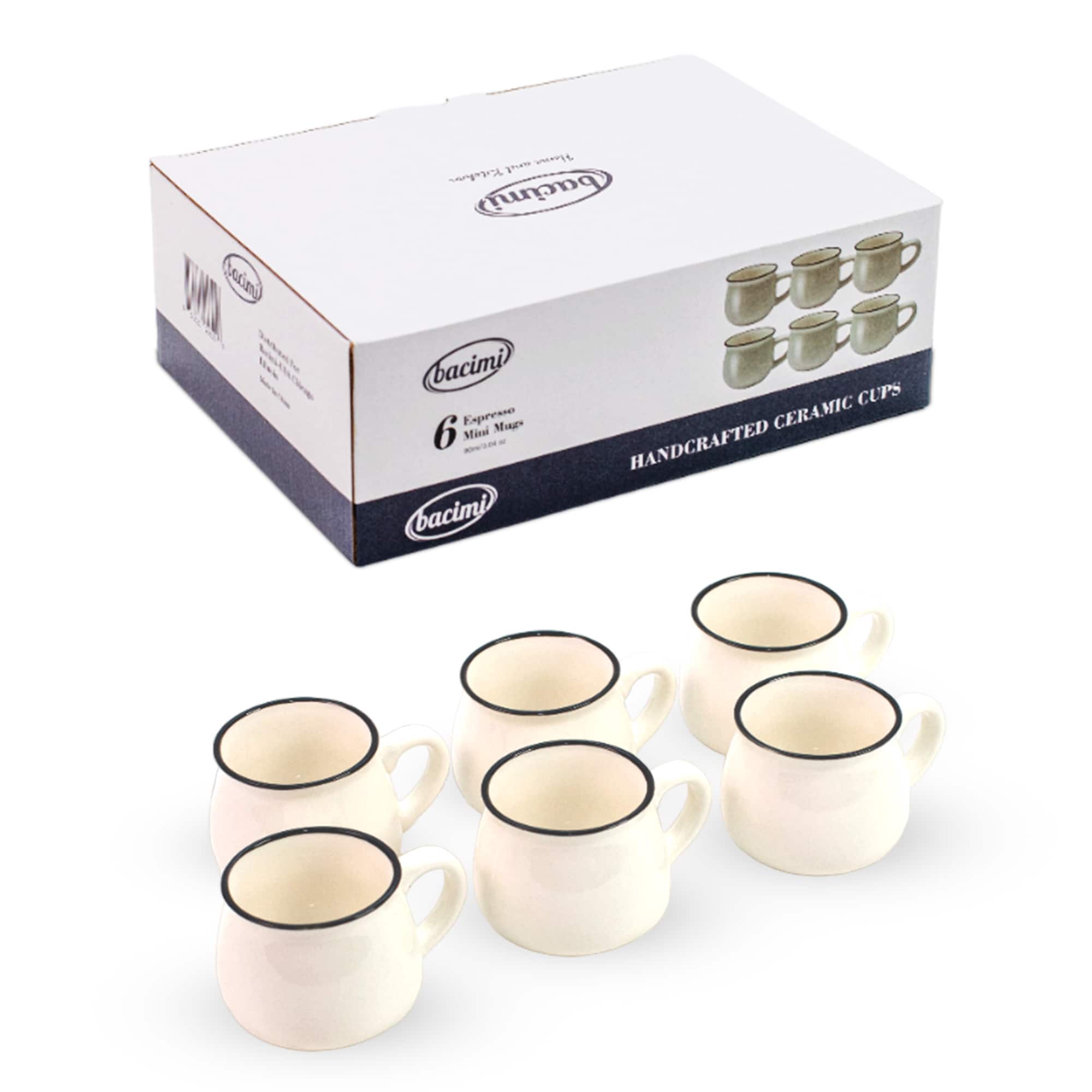 Bacimi - Mini Ceramic Espresso Mugs (Set of 6 / 3oz / 90ML) White Small Drinking Cups with Handle For Coffee, Tea, Cocoa - White With Black Rim