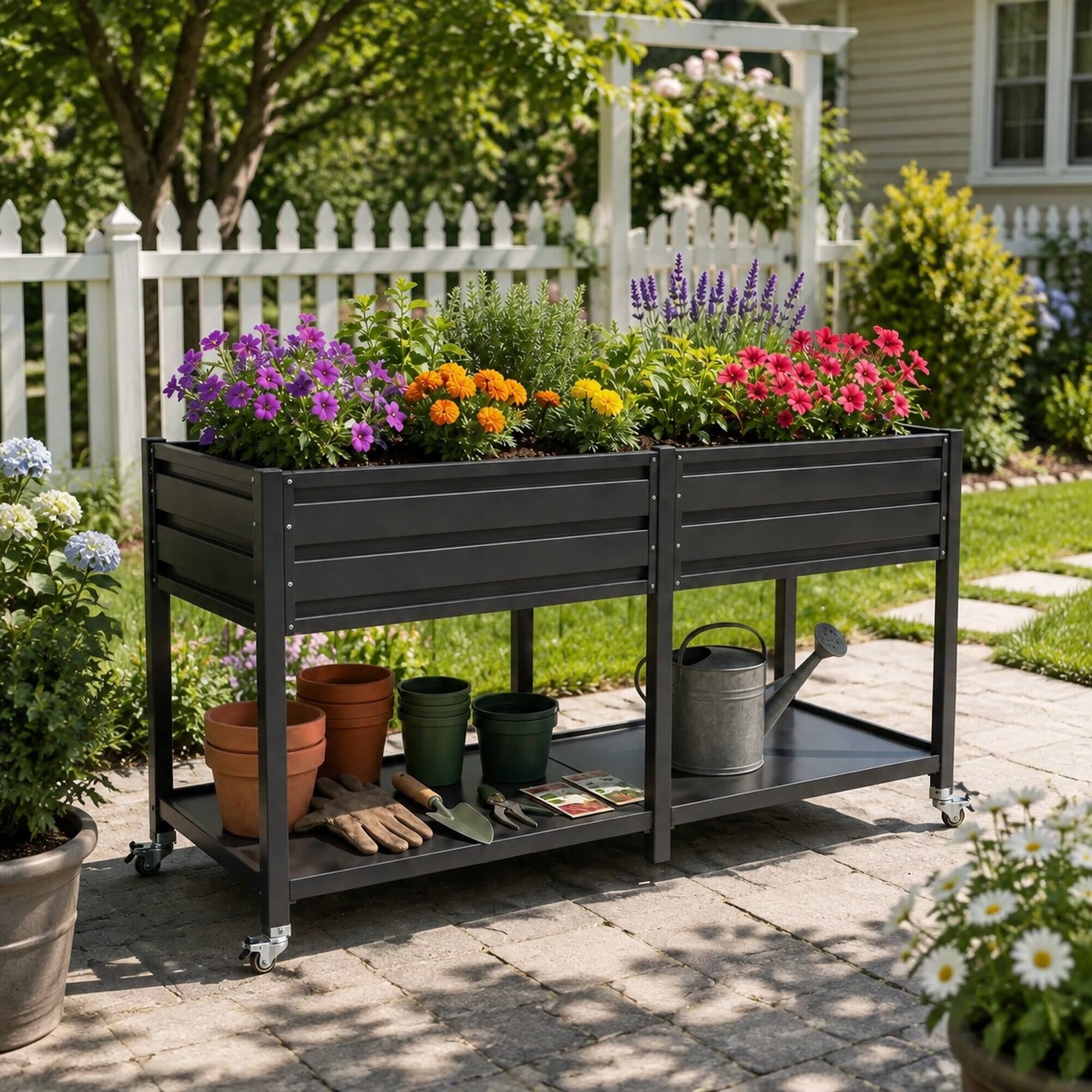 Alt View 2. RYHNUYNE - 2-Tier Elevated Metal Wicking Garden Bed with Lockable Wheels & Storage Shelf, Dark Gray Self-Watering Planter - Grey.