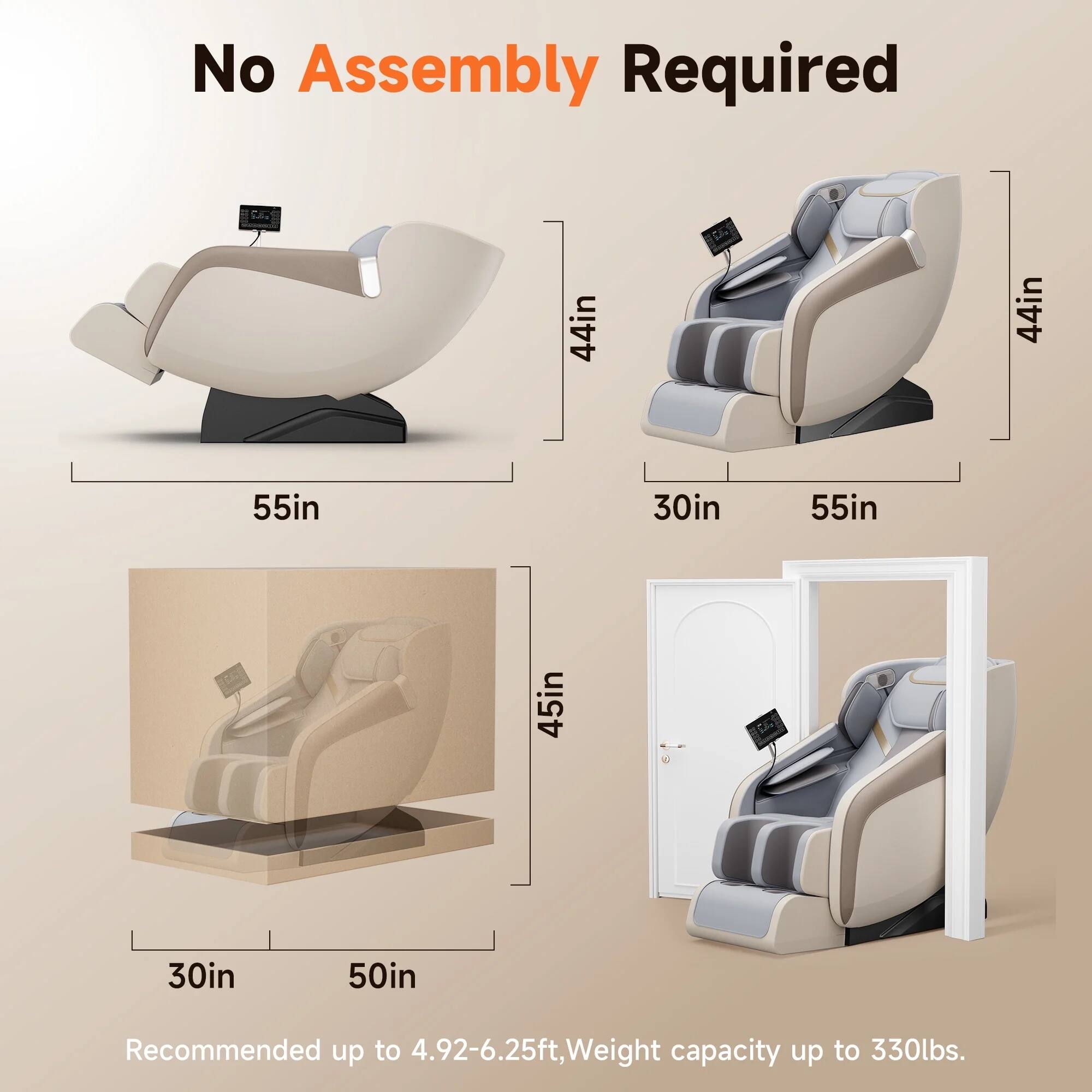 No Assembly Required

44in x 44in x 55in x 30in x 55in x 45in x 30in x 50in

Recommended up to 4.92-6.25ft, Weight capacity up to 330lbs.