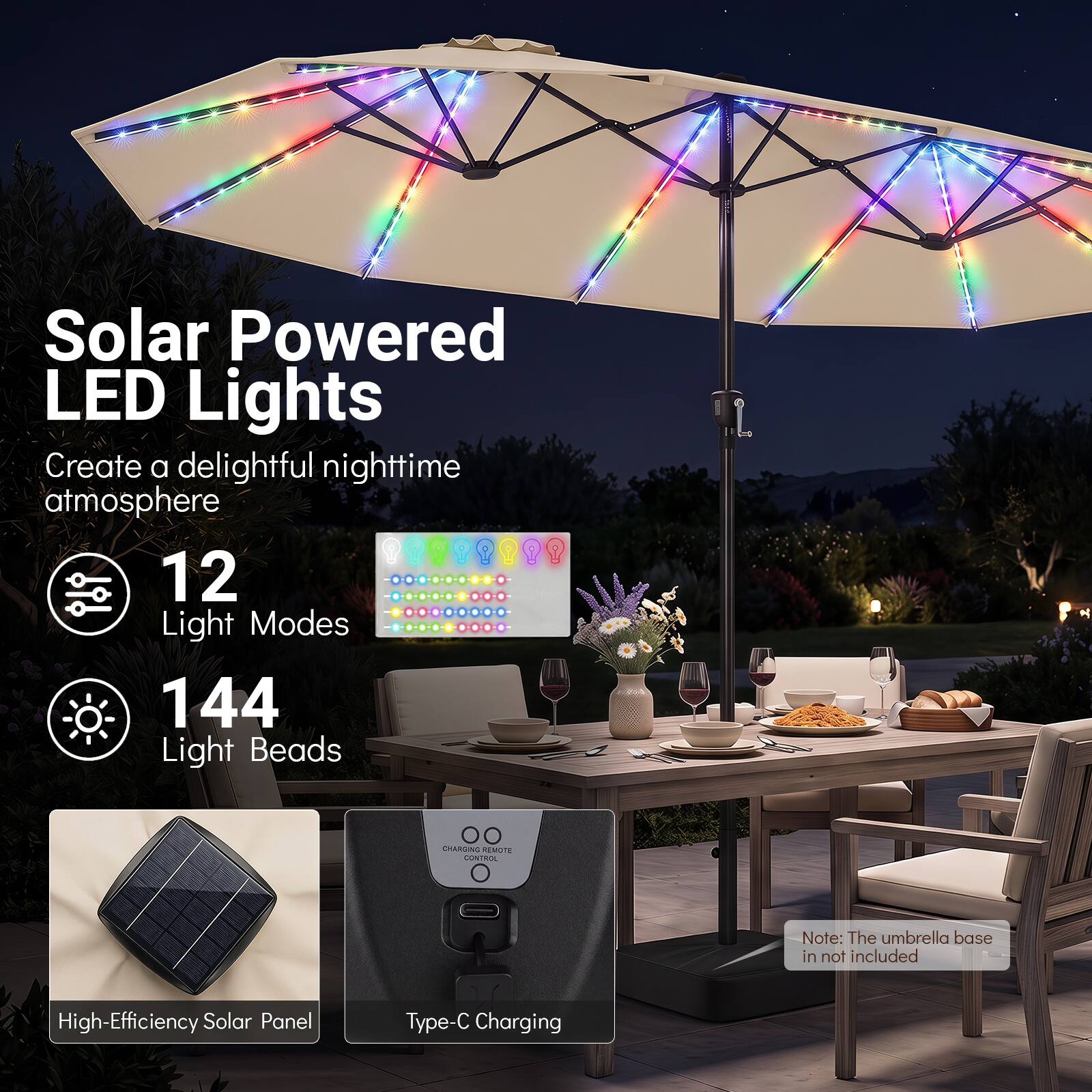 Solar Powered LED Lights  
Create a delightful nighttime atmosphere  
12 Light Modes  
144 Light Beads  

00 CHARGING REMOTE CONTROL  

Note: The umbrella base is not included  

High-Efficiency Solar Panel  
Type-C Charging