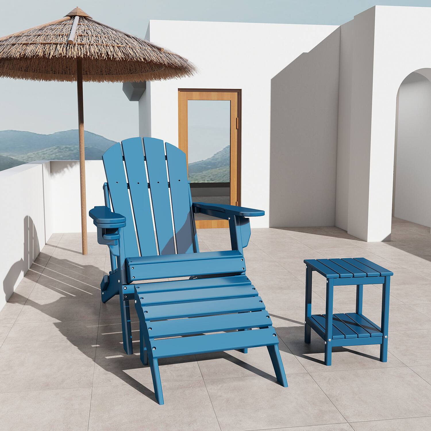 Alt View 1. FODINGHILL - HDPE Adirondack Ottoman, All weather Footrest for Patio & Garden - Blue.