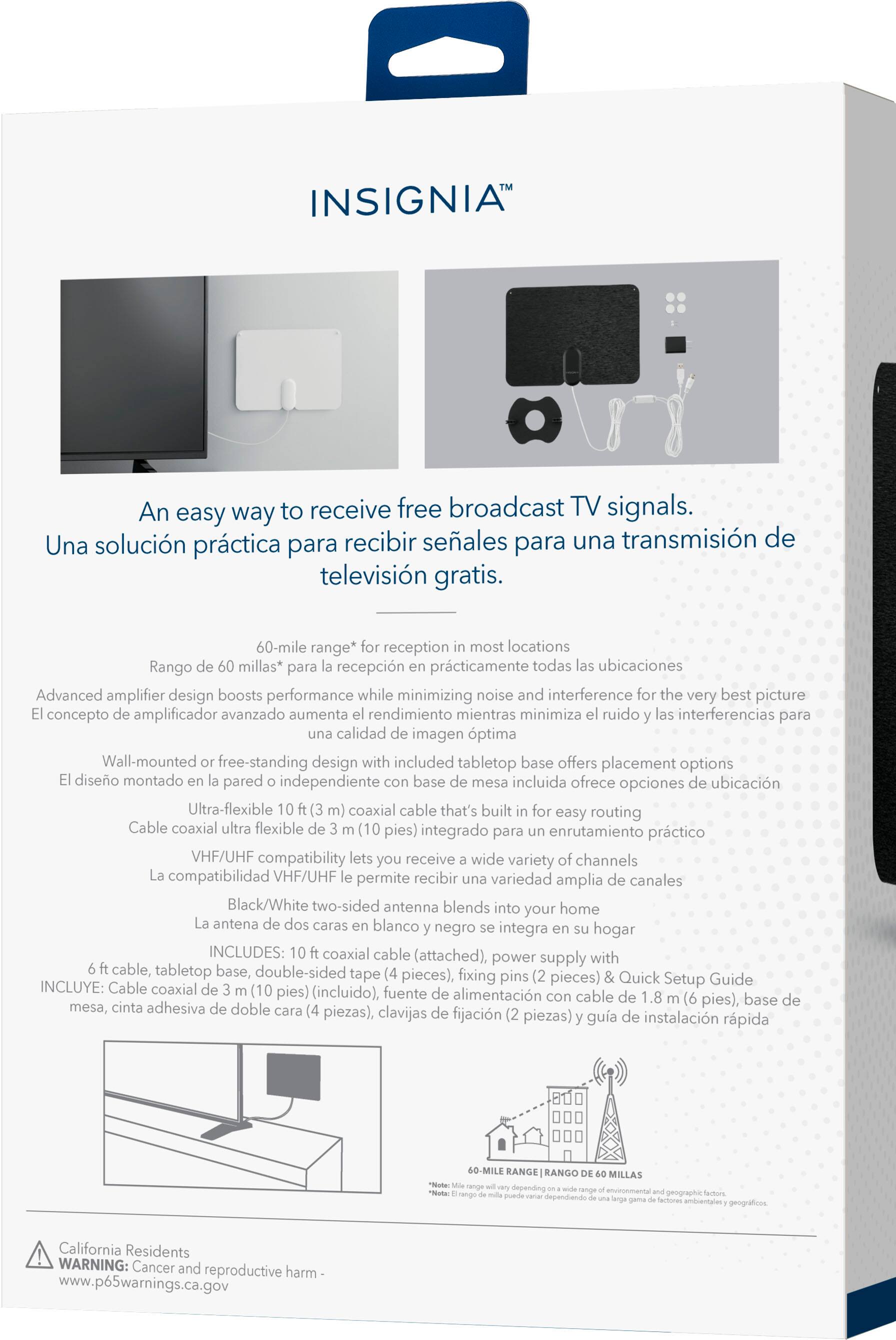 Insignia™ Amplified Ultra Thin Indoor HDTV Antenna 60 Mile Range Black ...