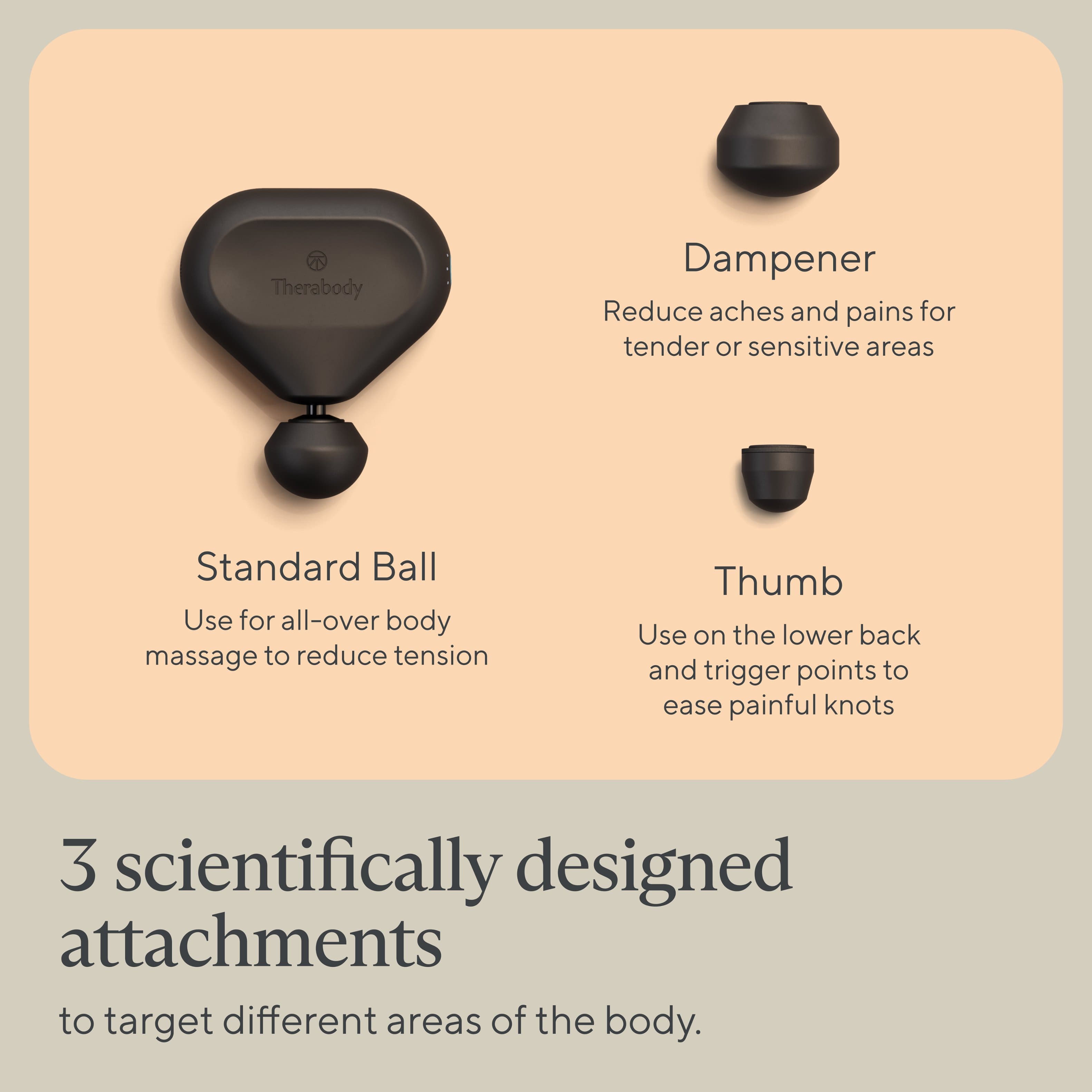 The text on the image is already grouped and correctly written. It describes three different attachments for a massage tool, each designed to target specific areas of the body.