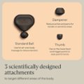 The image features three scientifically designed attachments for a massage device, each targeting different areas of the body. The first attachment is a dampener, which is designed to reduce aches and pains in tender or sensitive areas. The second attachment is a standard ball, which can be used for all-over body massage to reduce tension. The third attachment is a thumb, which is intended for use on the lower back and trigger points to ease painful knots. These attachments are designed to provide targeted massage and relief for various body areas.