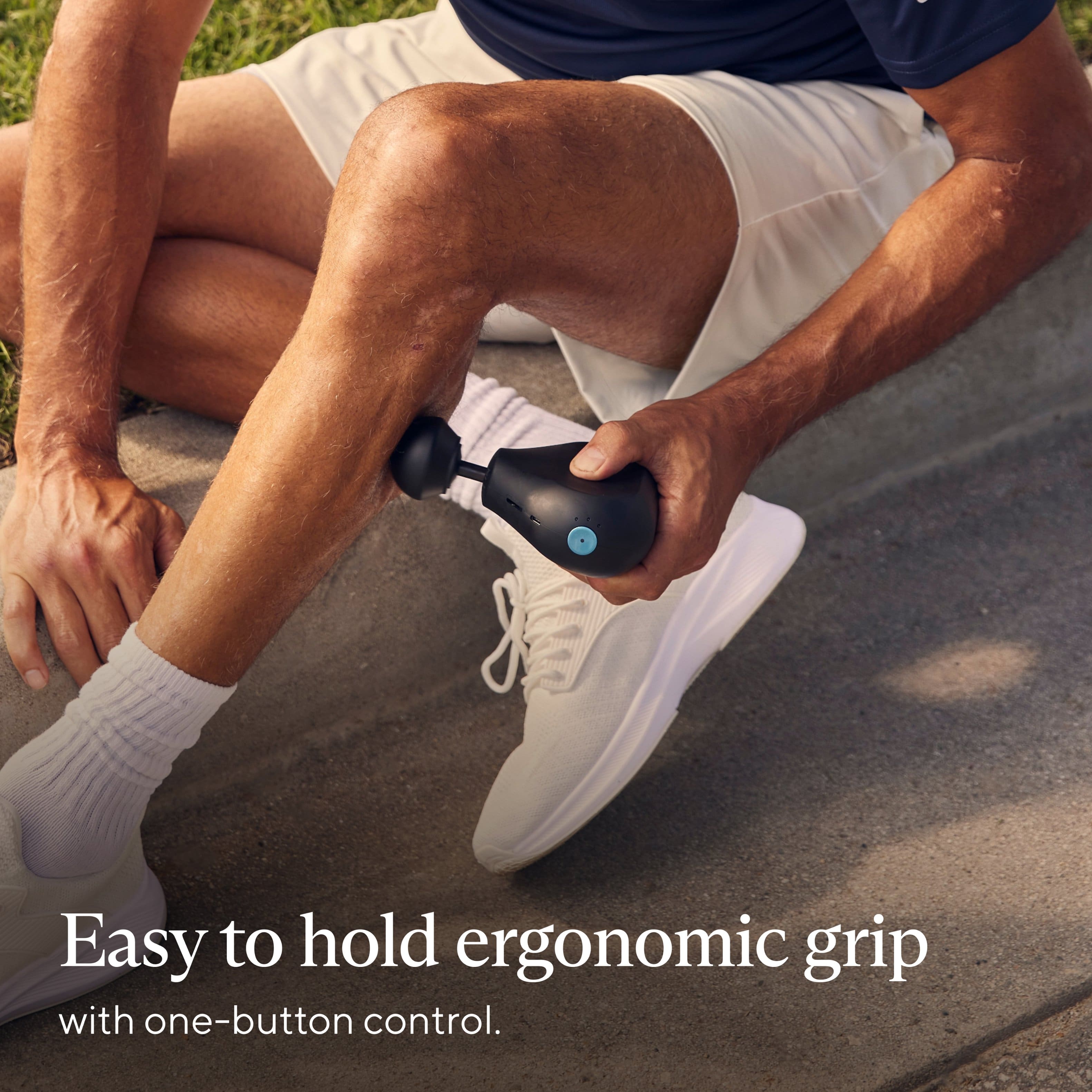 The text on the image reads: "Easy to hold ergonomic grip with one-button control."