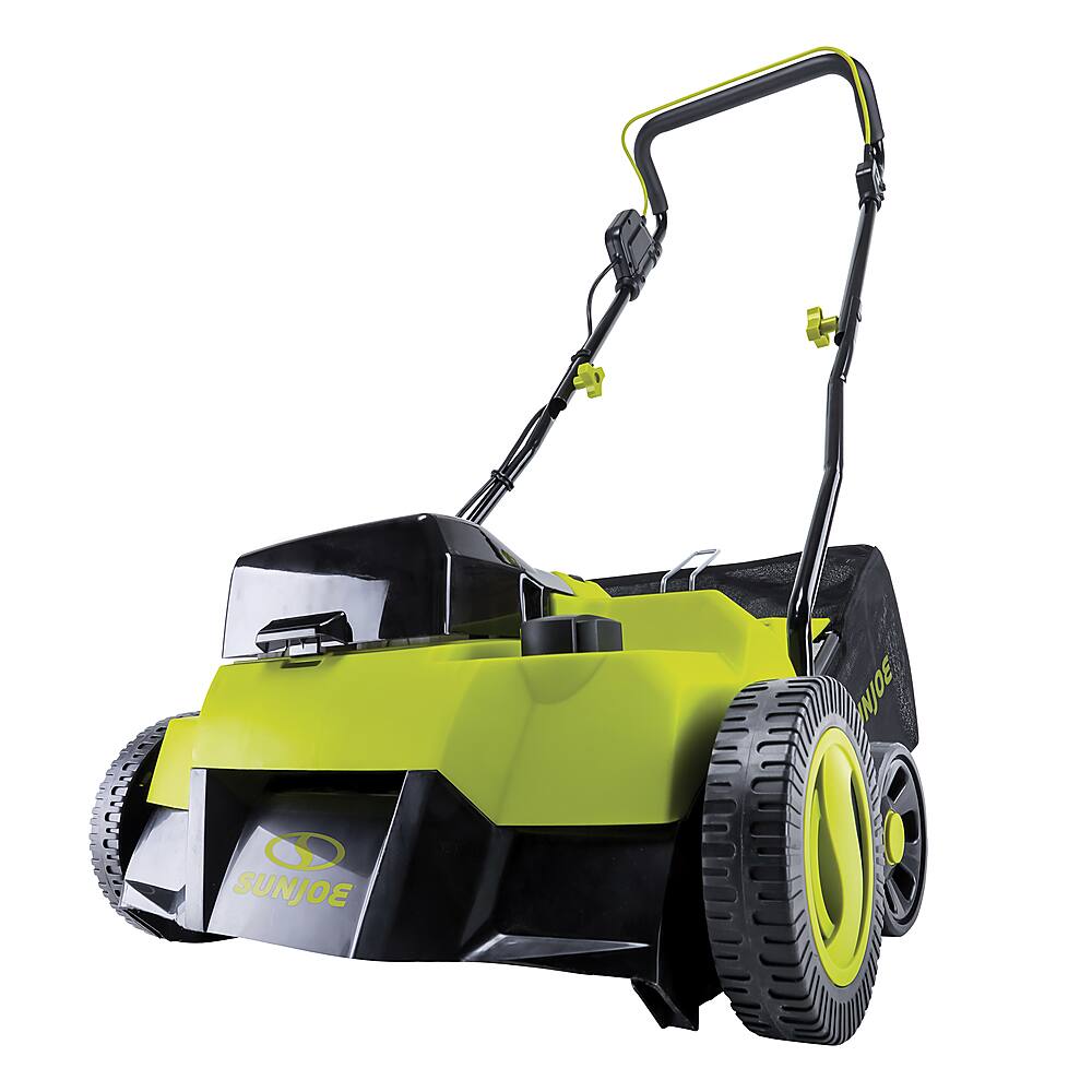 Angle. Sun Joe - 24-Volt 15-Inch Push Scarifier and Dethatcher (Battery Not Included) - Green.