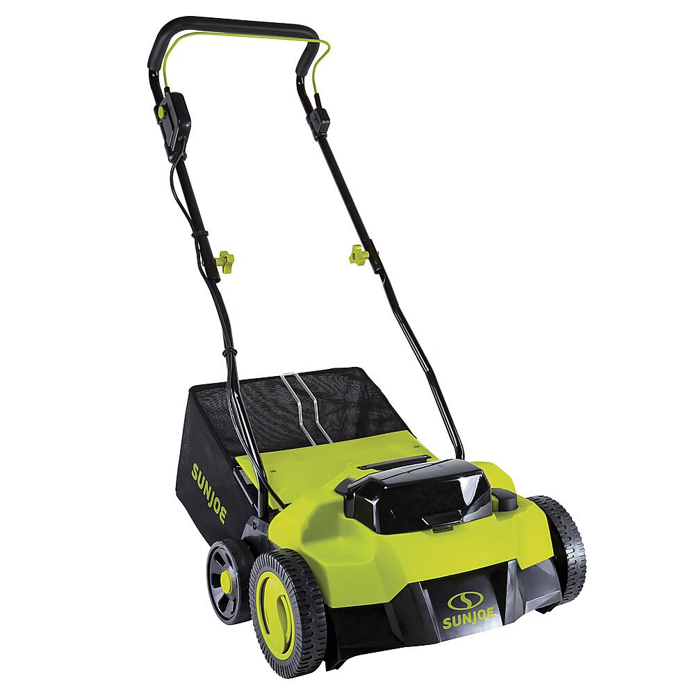 Left. Sun Joe - 24-Volt 15-Inch Push Scarifier and Dethatcher (Battery Not Included) - Green.